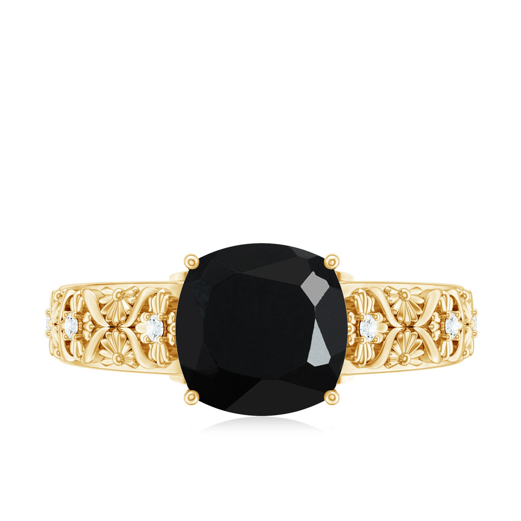 Genuine 2 Carat Black Spinel Vintage Engagement Ring with Diamond