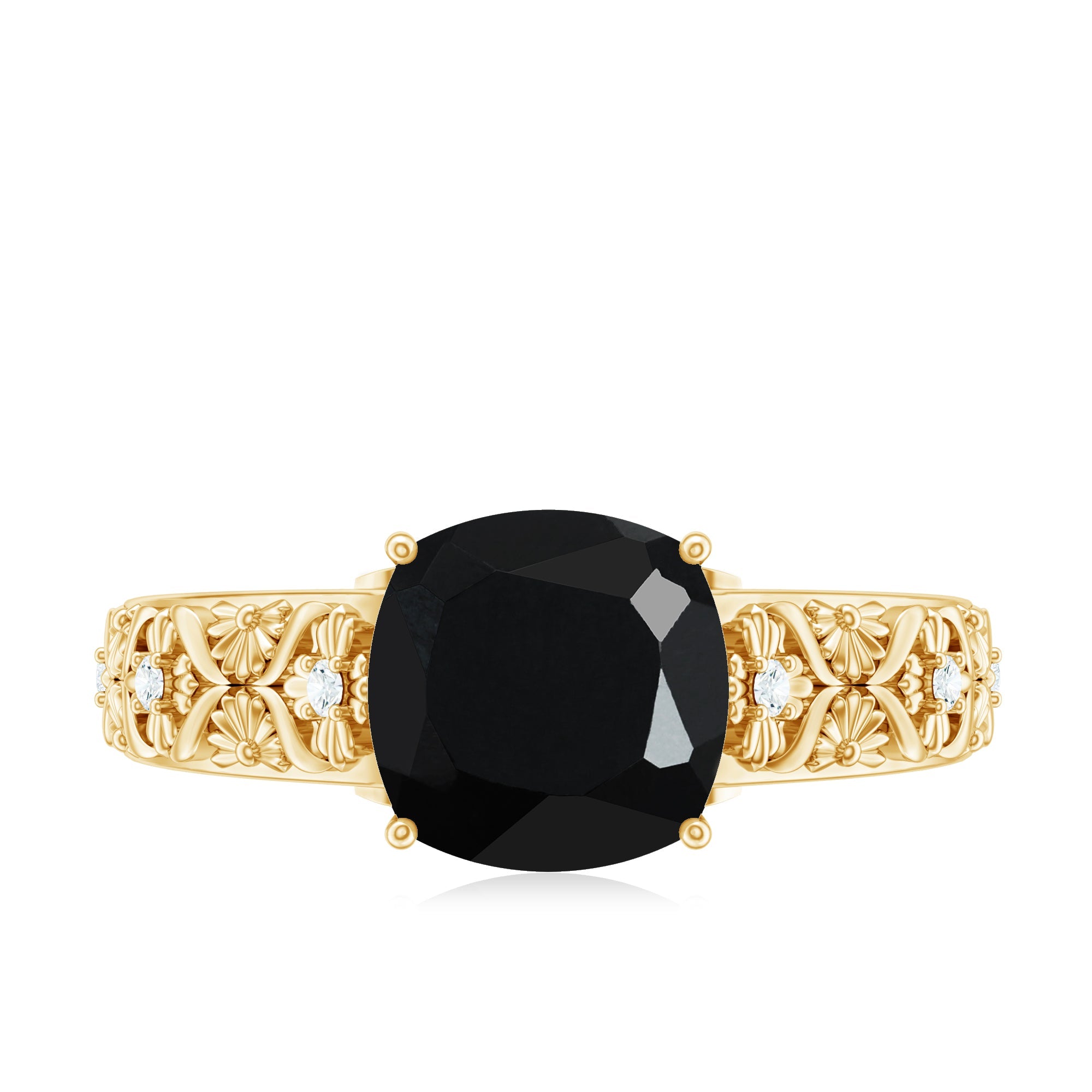 Genuine 2 Carat Black Spinel Vintage Engagement Ring with Diamond