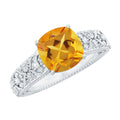Citrine Cushion Cut Ring – Vintage Engagement Ring with Diamond Floral Design