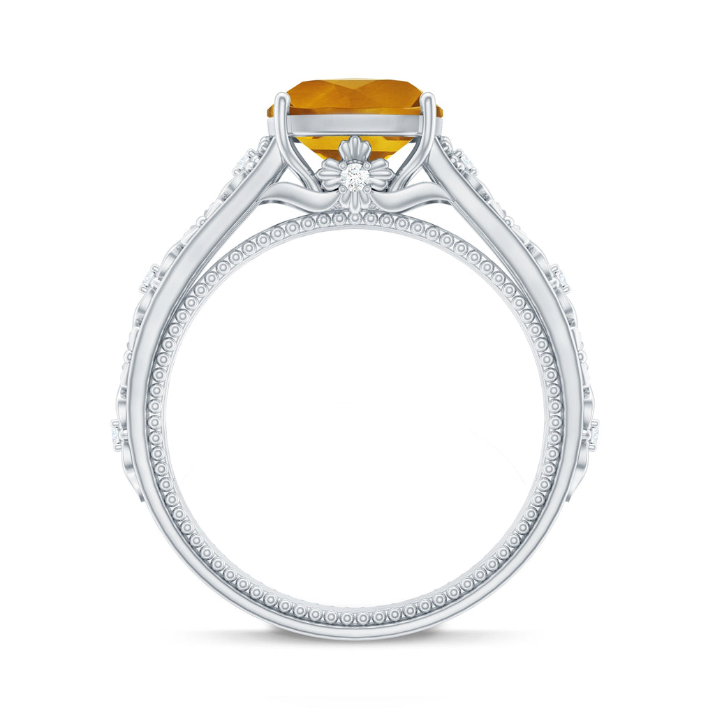 Citrine Cushion Cut Ring – Vintage Engagement Ring with Diamond Floral Design