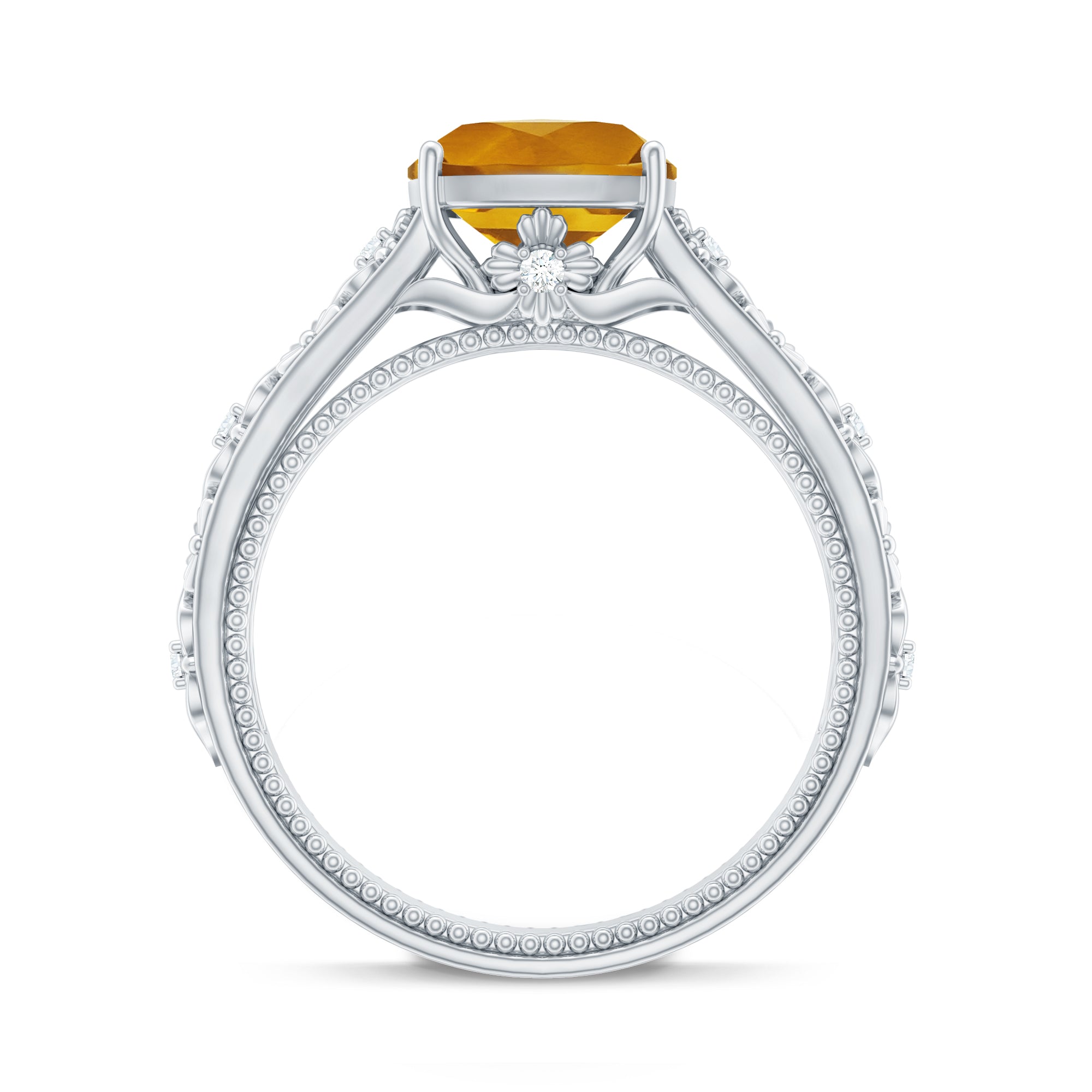 Citrine Cushion Cut Ring – Vintage Engagement Ring with Diamond Floral Design
