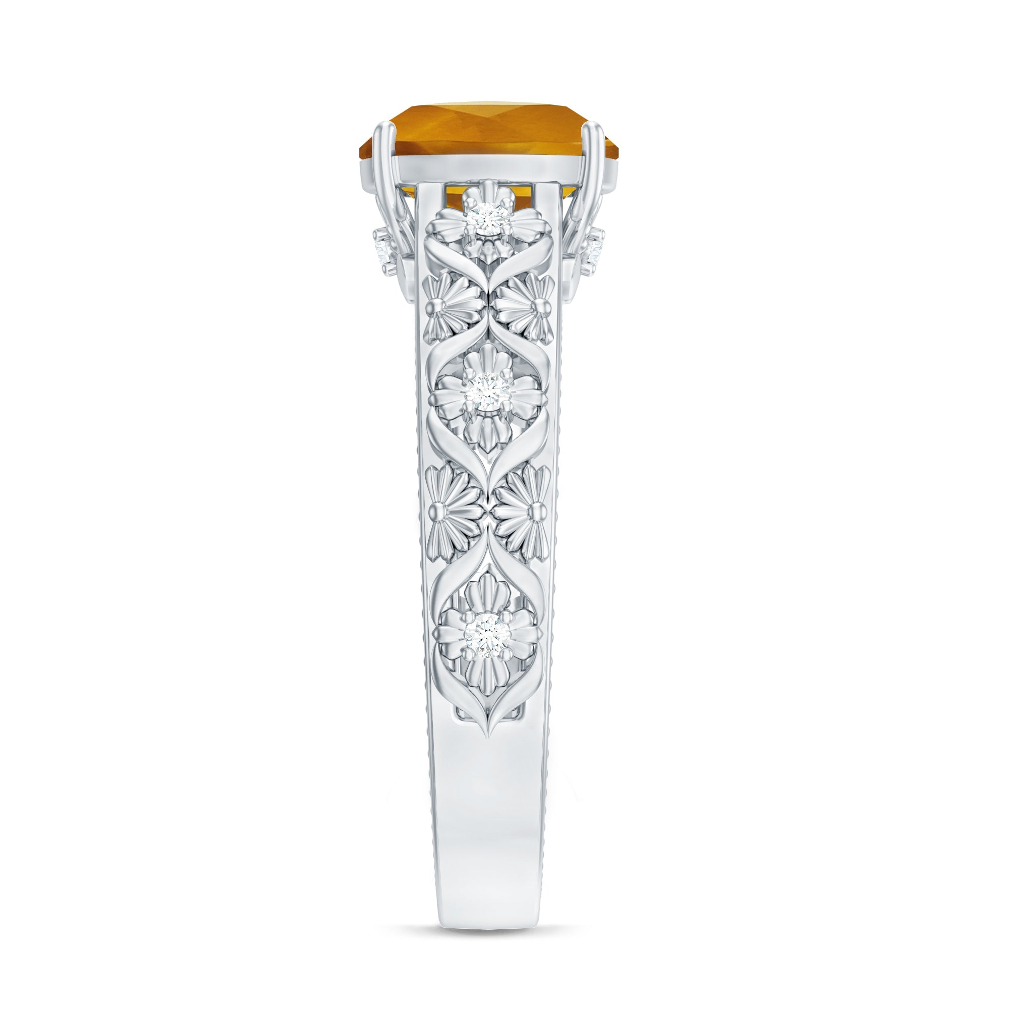 Citrine Cushion Cut Ring – Vintage Engagement Ring with Diamond Floral Design