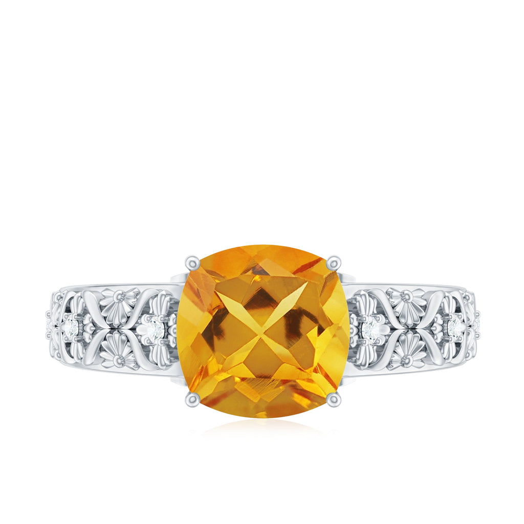 Citrine Cushion Cut Ring – Vintage Engagement Ring with Diamond Floral Design