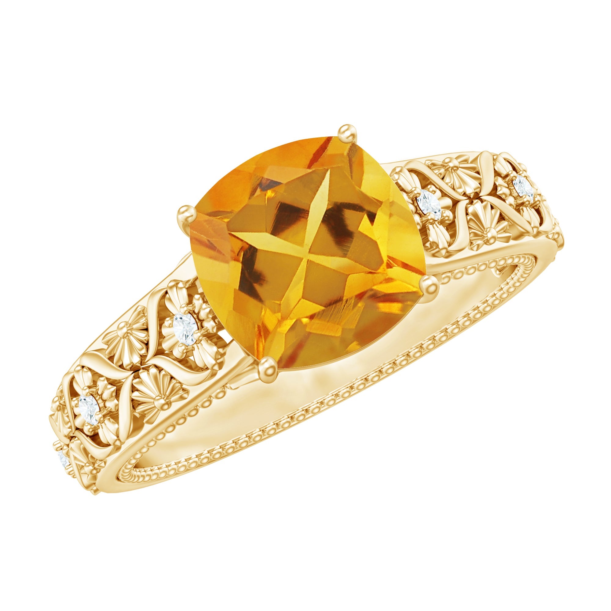 Citrine Cushion Cut Ring – Vintage Engagement Ring with Diamond Floral Design