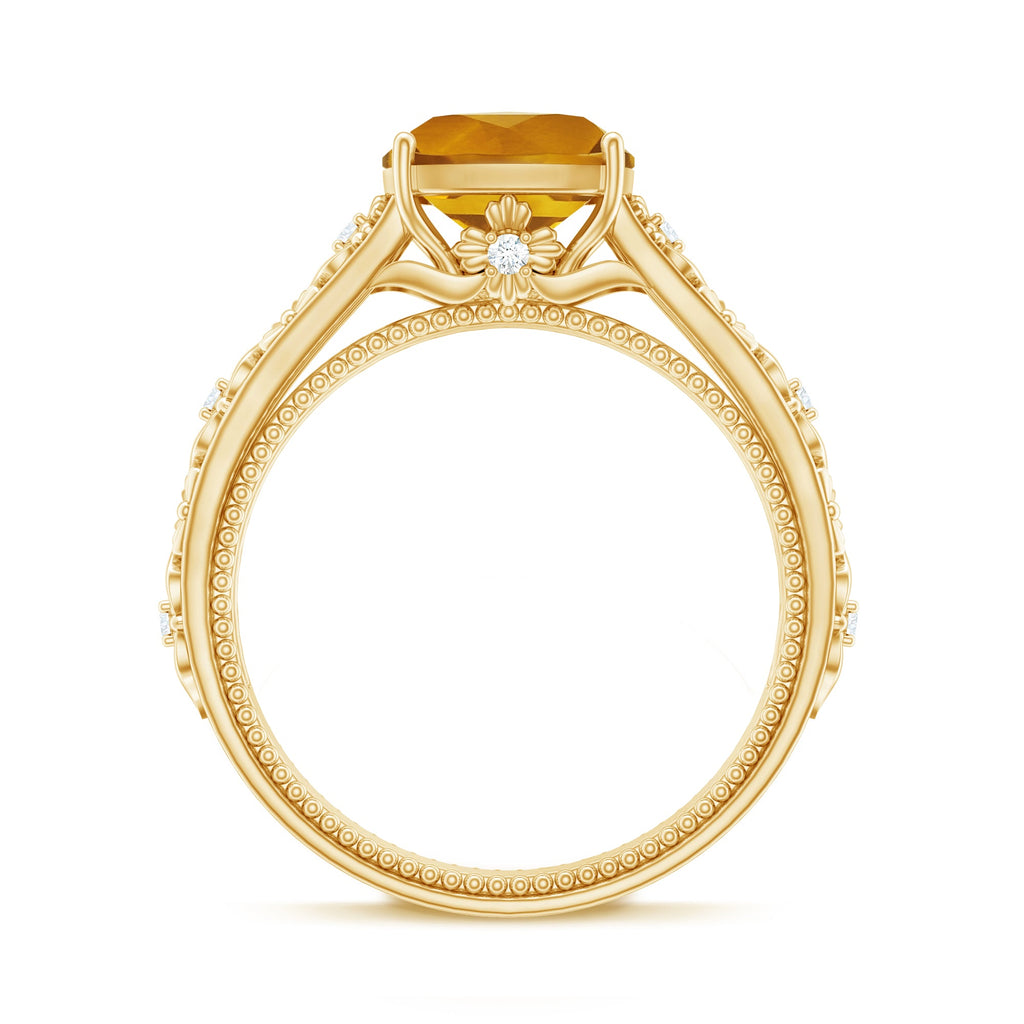 Citrine Cushion Cut Ring – Vintage Engagement Ring with Diamond Floral Design