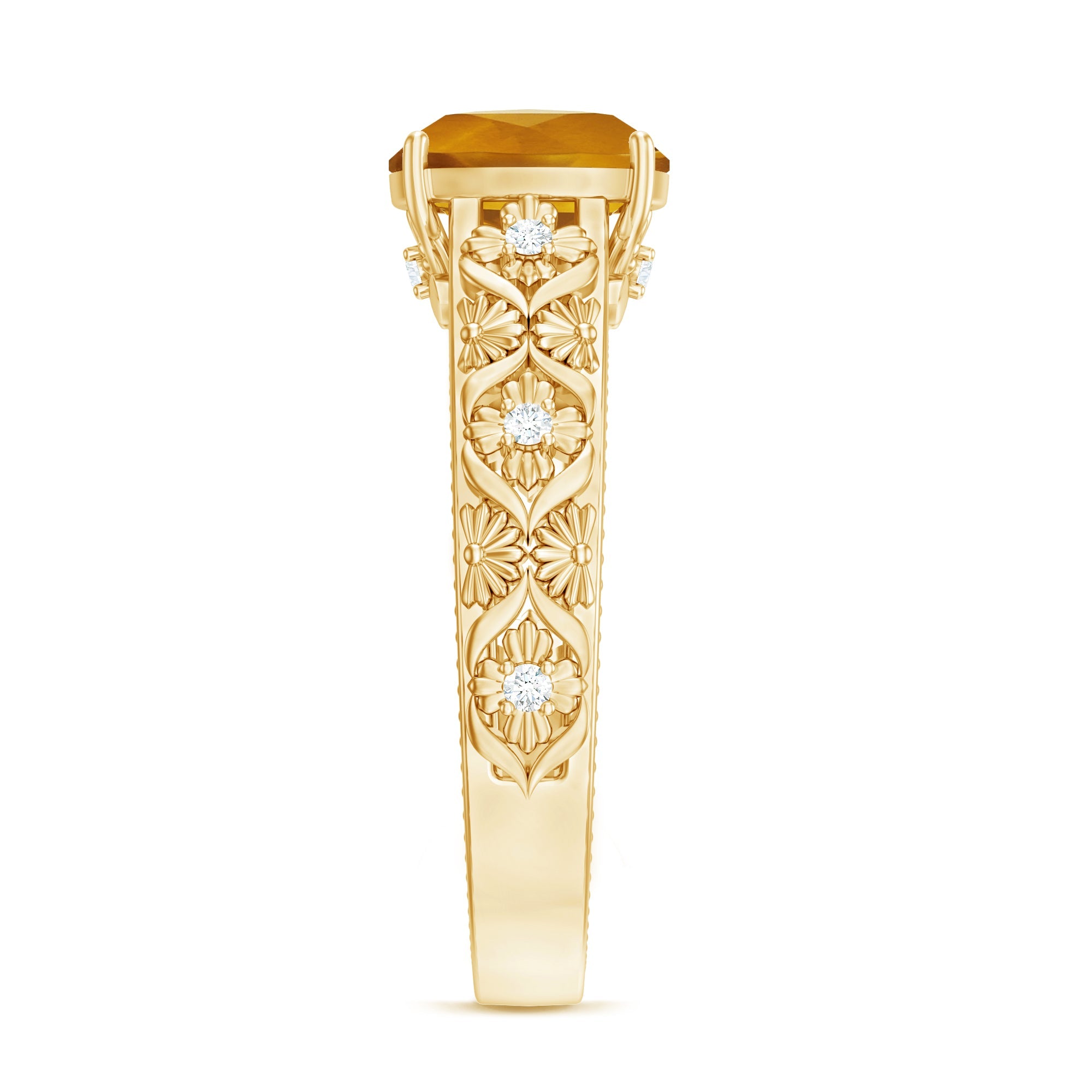 Citrine Cushion Cut Ring – Vintage Engagement Ring with Diamond Floral Design