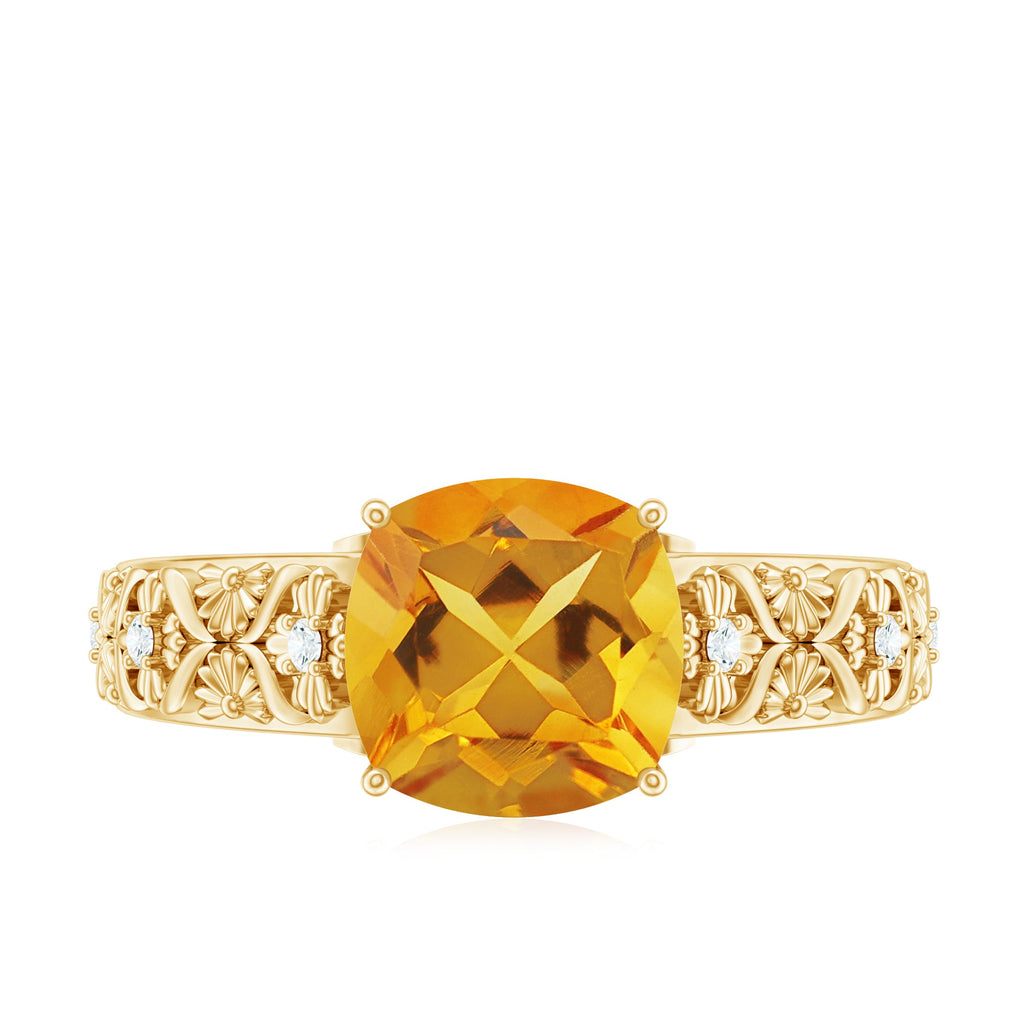 Citrine Cushion Cut Ring – Vintage Engagement Ring with Diamond Floral Design