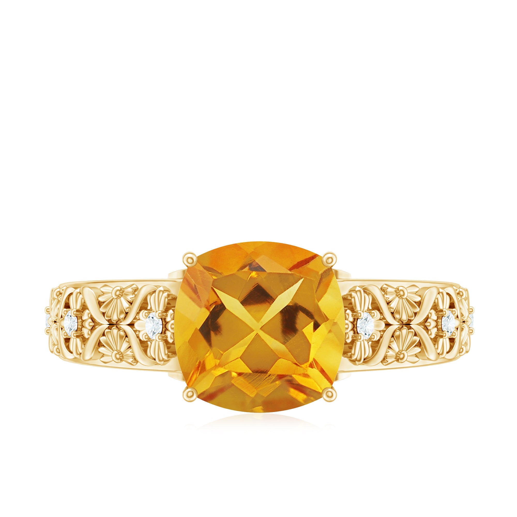 Citrine Cushion Cut Ring – Vintage Engagement Ring with Diamond Floral Design