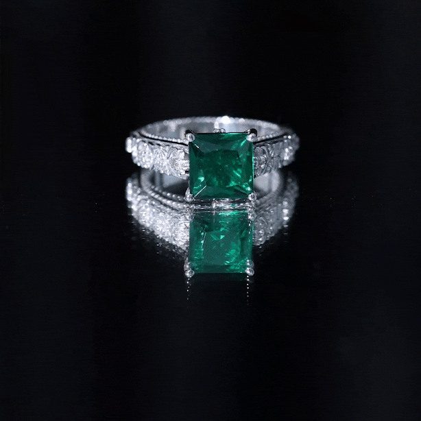 Emerald Engagement Ring - Princess Cut Solitaire with Diamond Floral Design