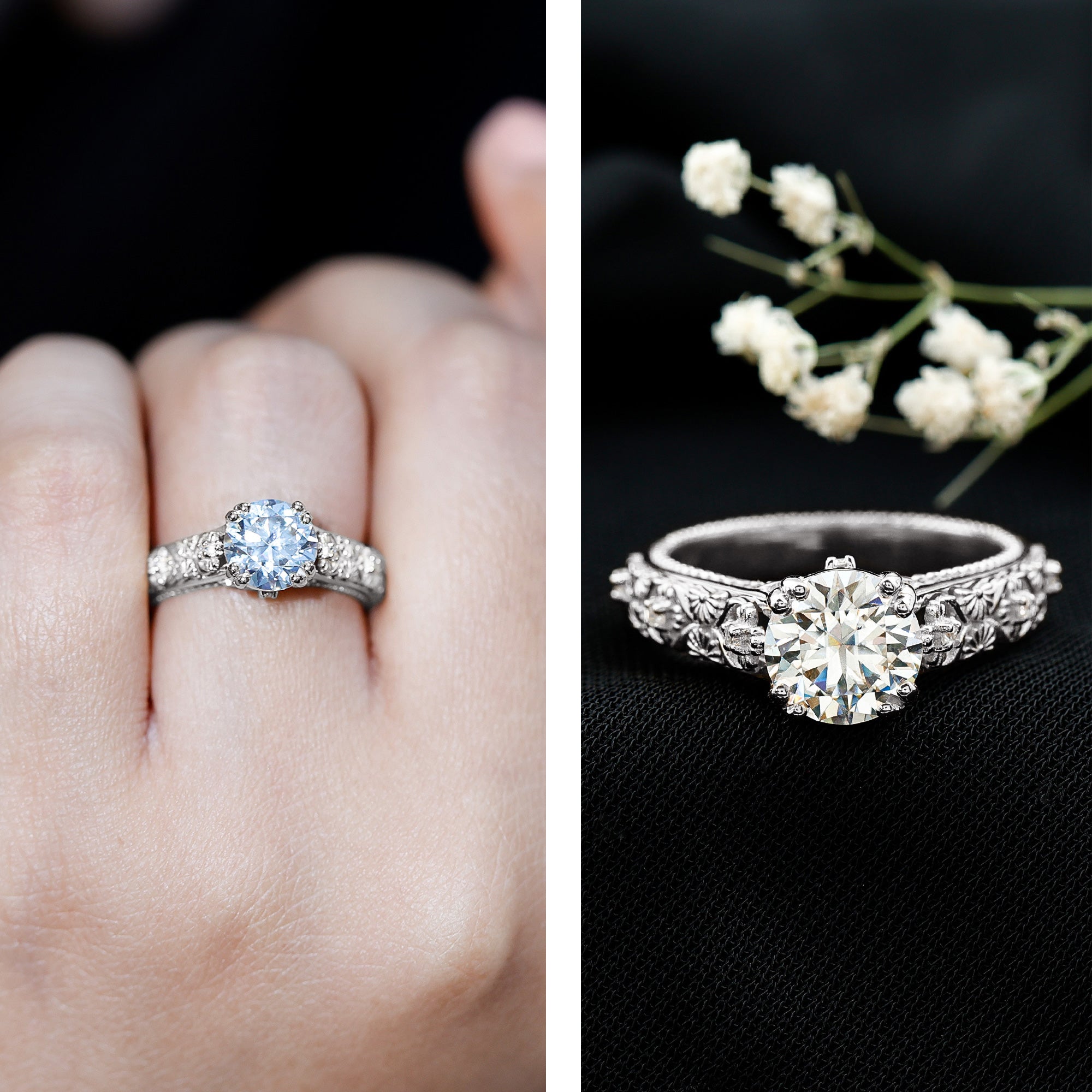 Moissanite Engagement Ring – 2 Carat Vintage Solitaire With Double Prong Setting