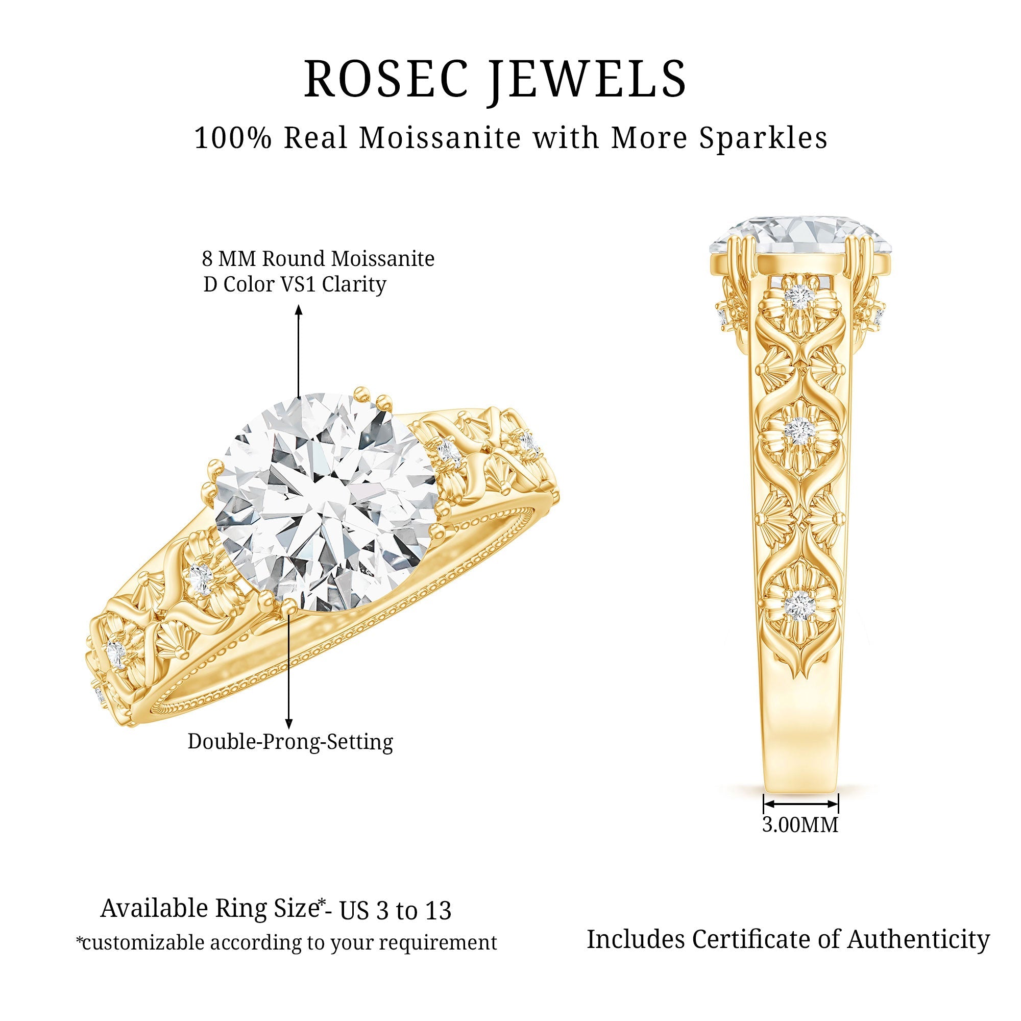 Moissanite Engagement Ring – 2 Carat Vintage Solitaire With Double Prong Setting