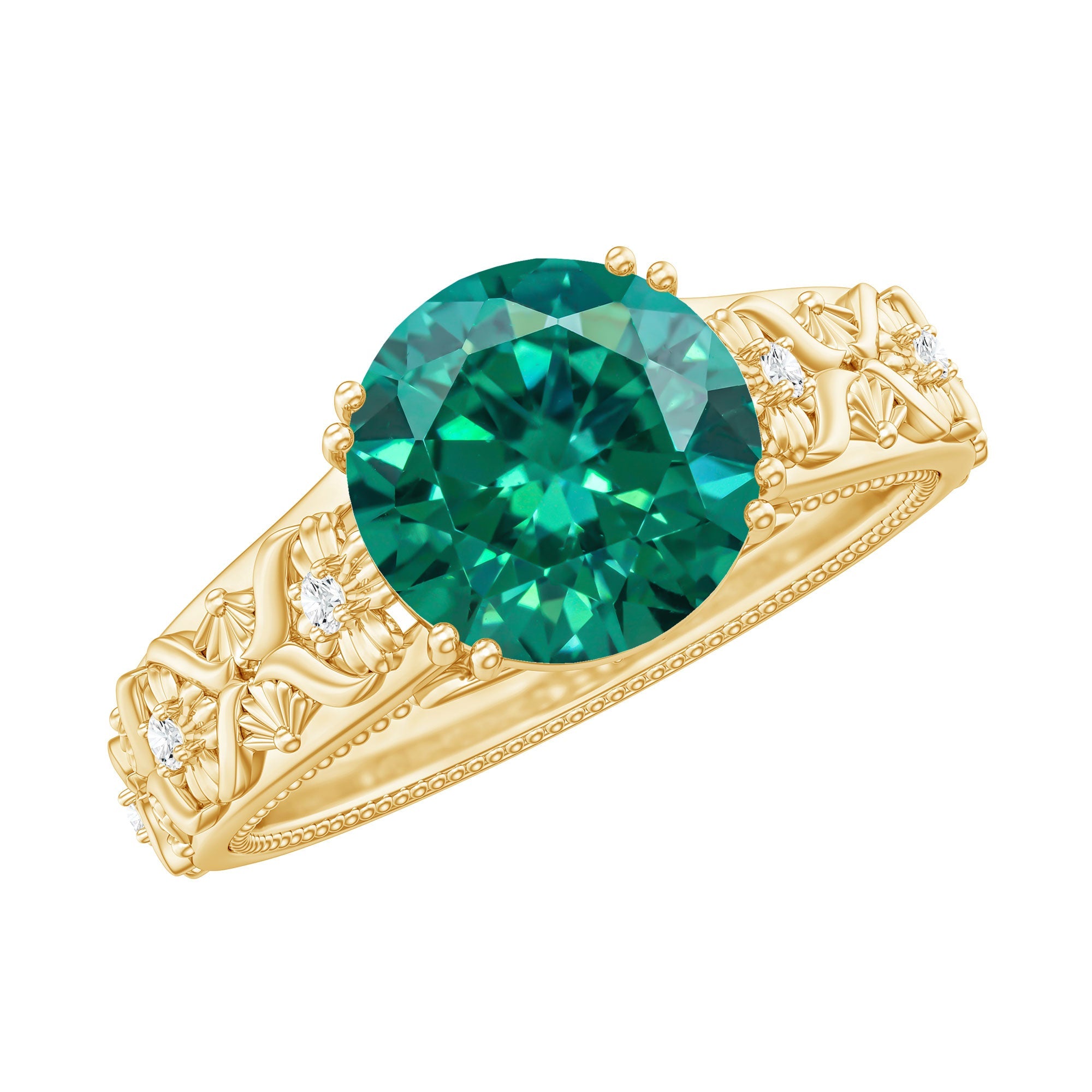 Lab Created Emerald Ring – 2 Carat Round Vintage Engagement With Diamond Accents
