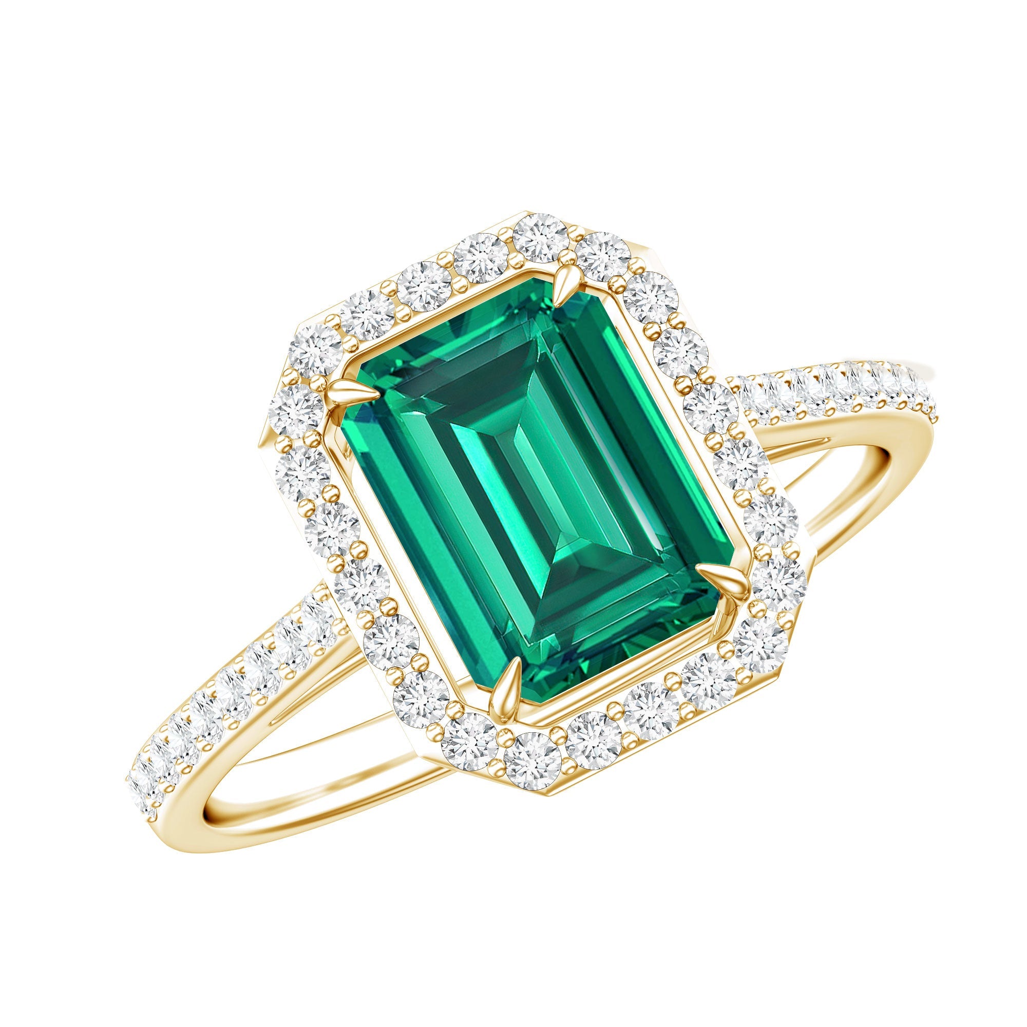 Emerald Engagement Ring – Lab Created Emerald Cut With Moissanite Halo & Side Stones
