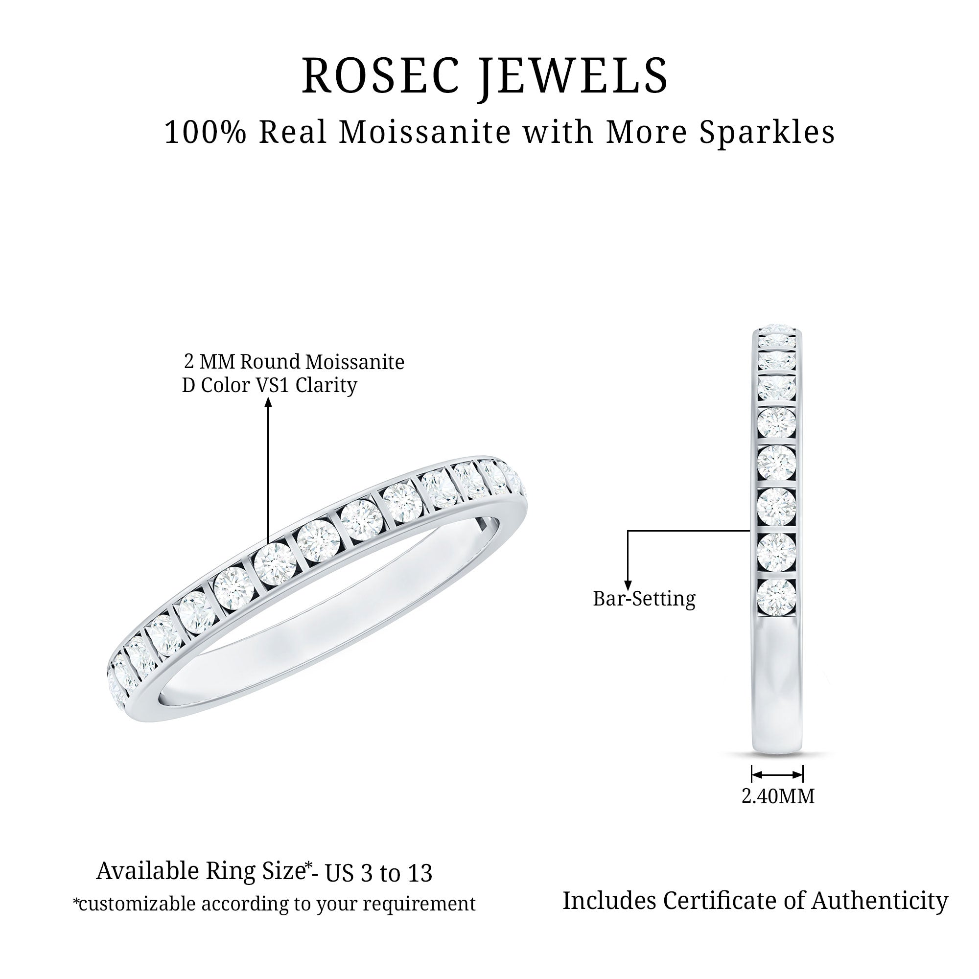 Moissanite Eternity Ring – Half Eternity Band With Round Cut Bar Set Stones