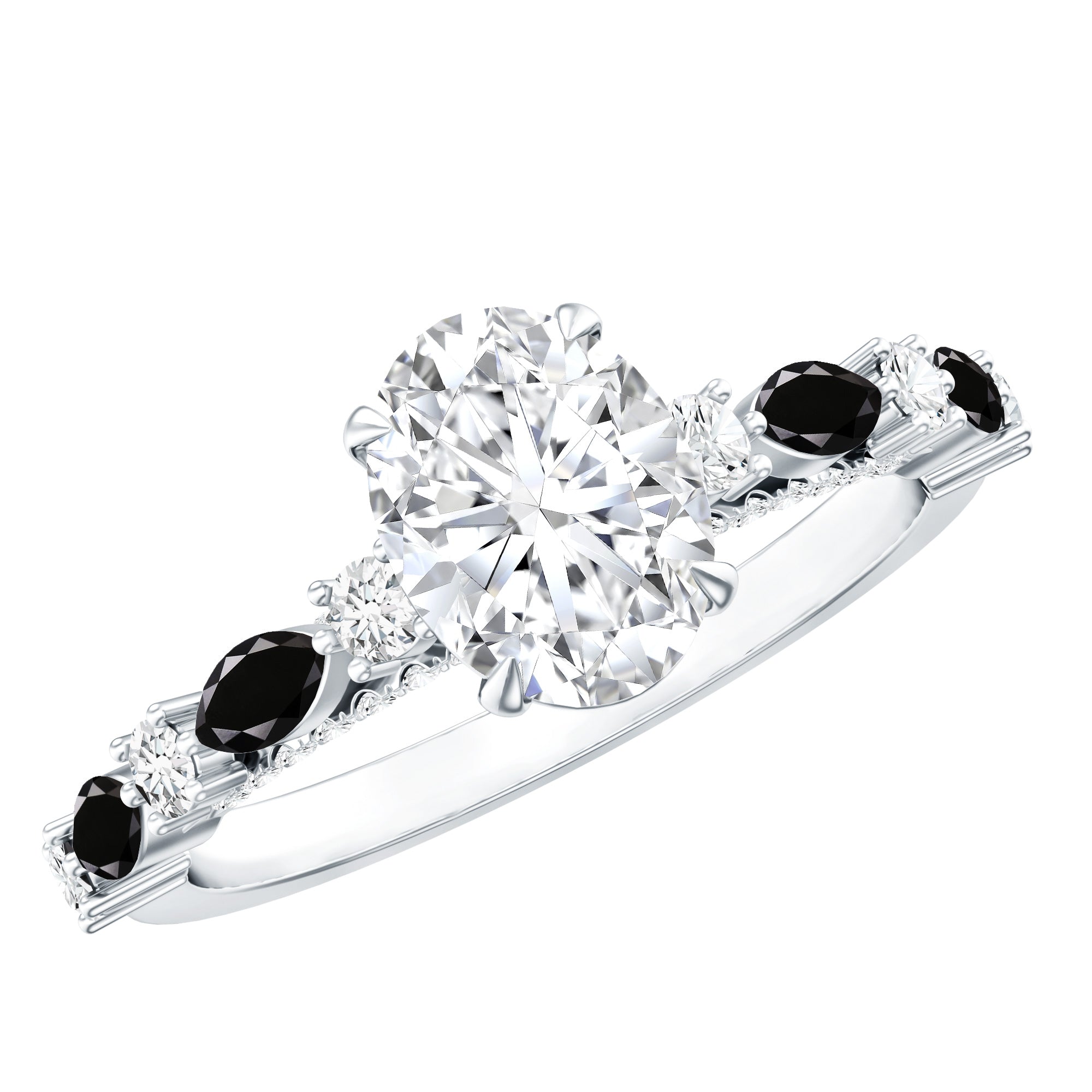 Certified Moissanite Oval Engagement Ring with Real Black Spinel