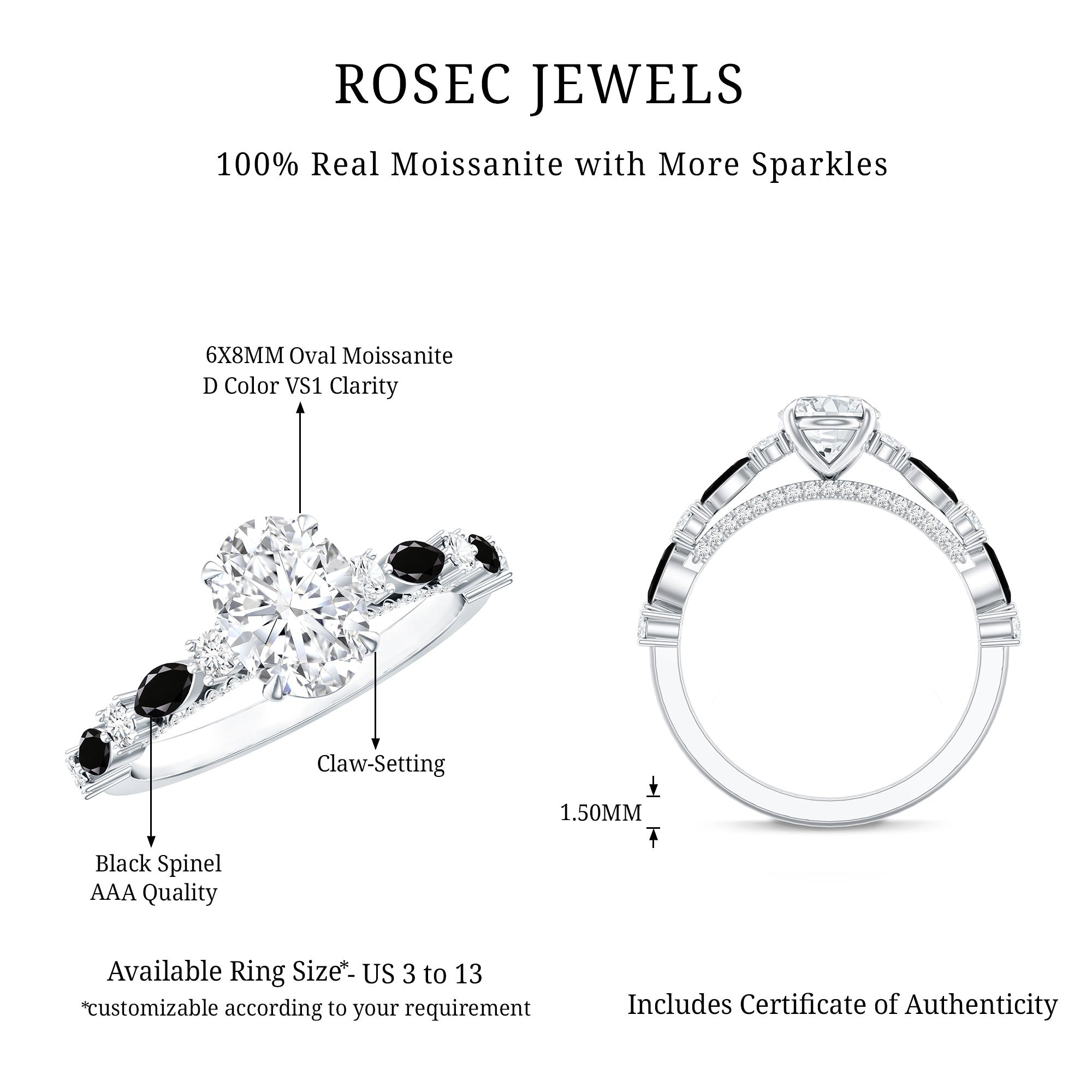 Certified Moissanite Oval Engagement Ring with Real Black Spinel
