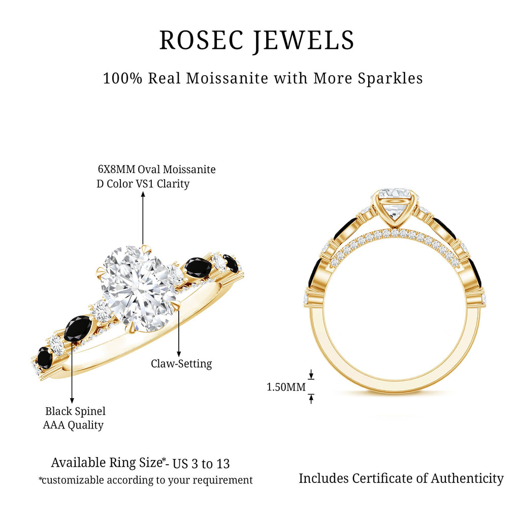 Certified Moissanite Oval Engagement Ring with Real Black Spinel