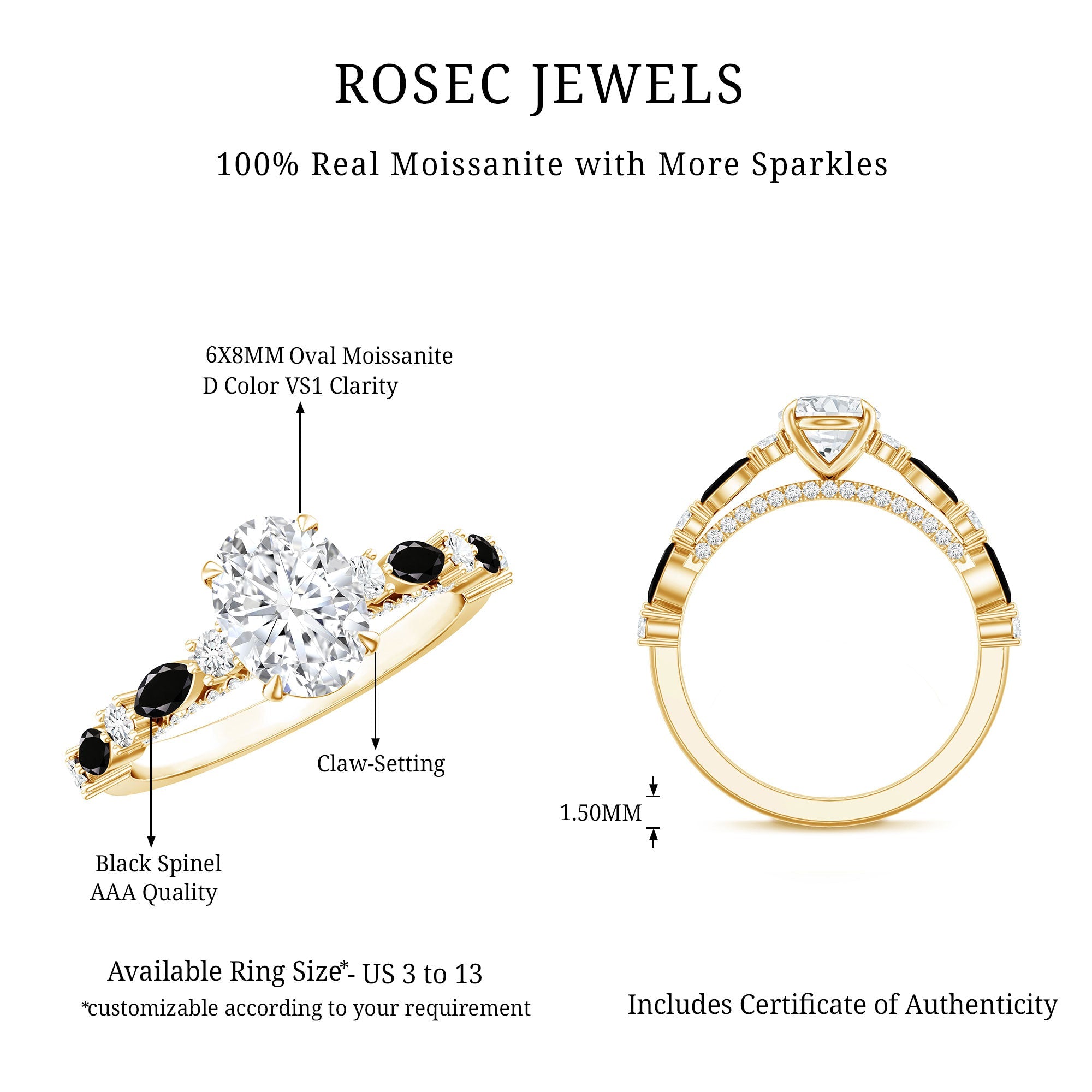 Certified Moissanite Oval Engagement Ring with Real Black Spinel