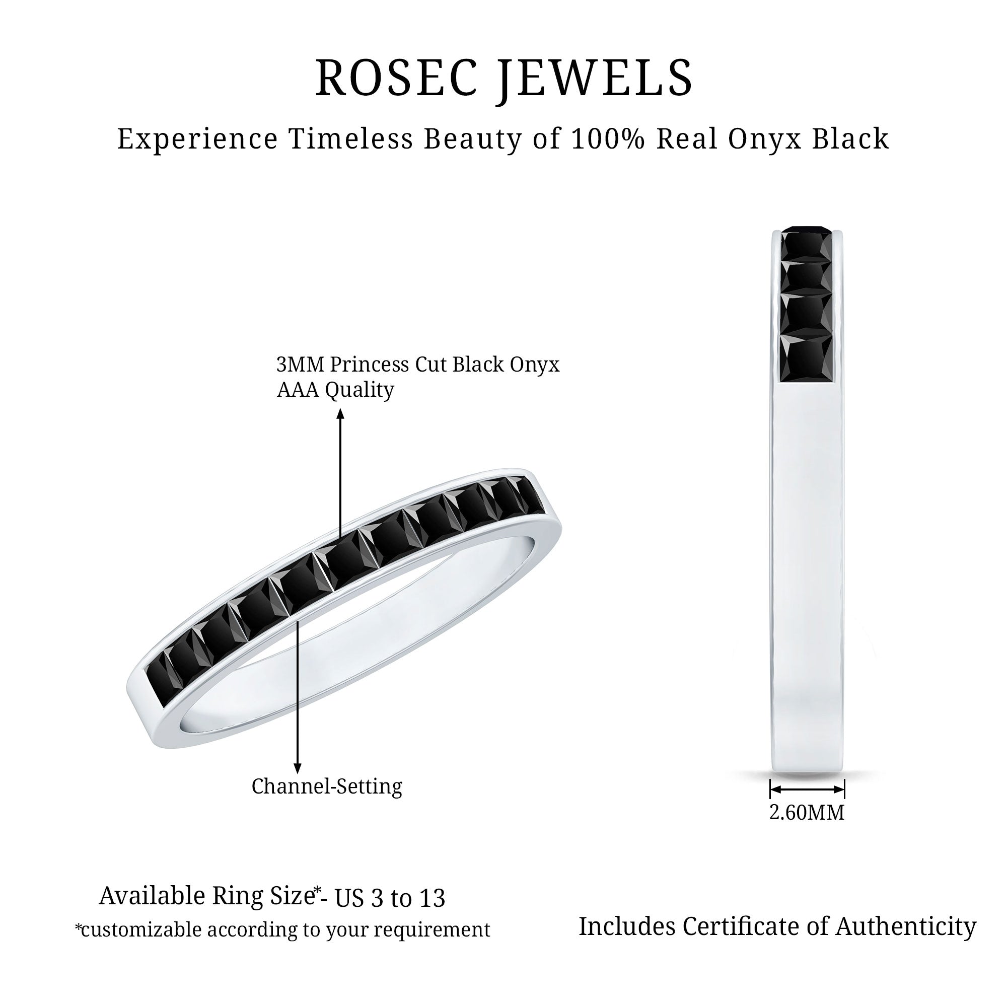 Princess Cut Black Onyx Half Eternity Band in Channel Setting