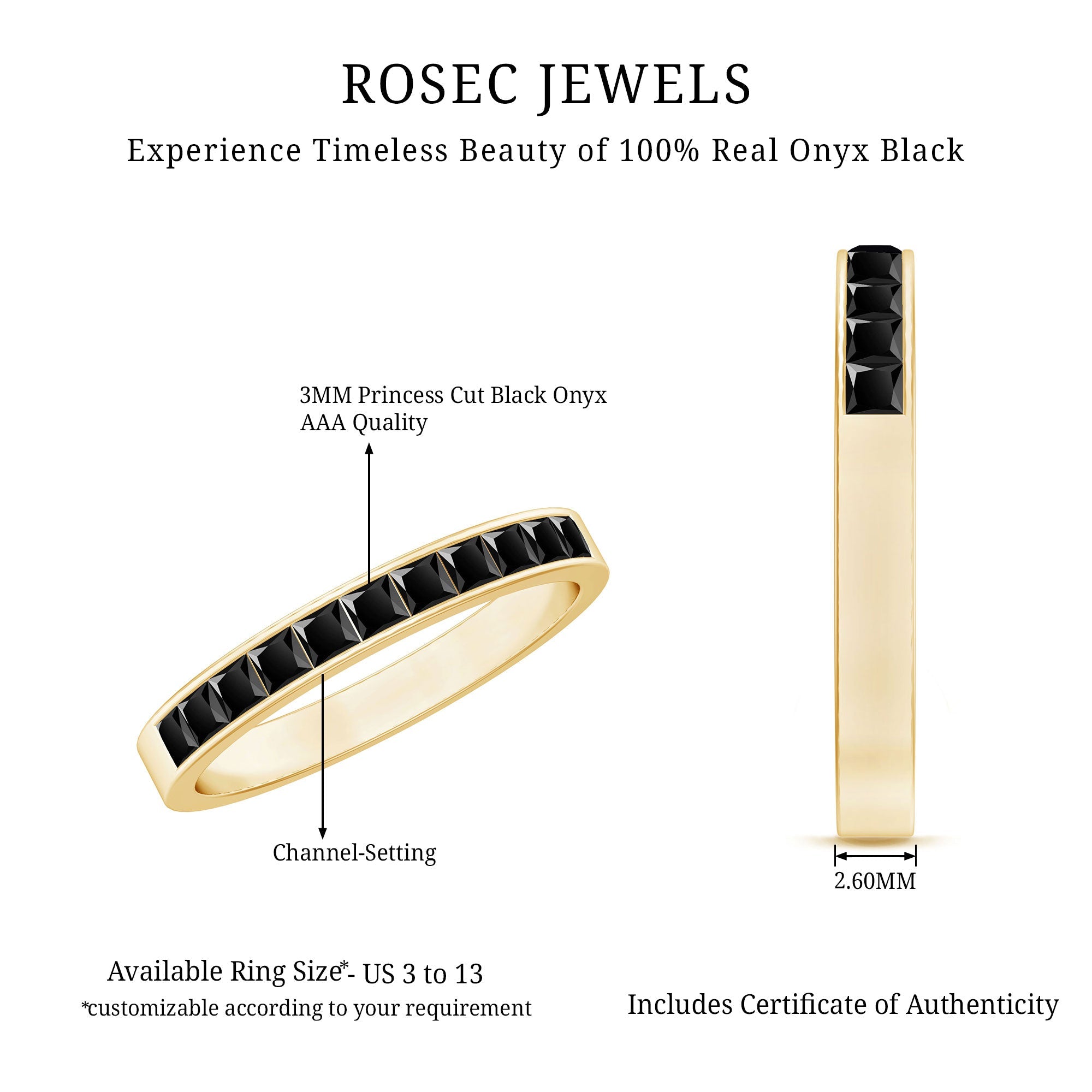 Princess Cut Black Onyx Half Eternity Band in Channel Setting