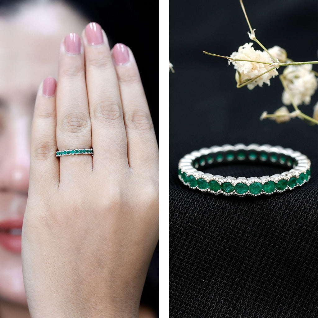 Emerald Eternity Ring – Beaded Bezel Set Full Eternity Band With AAA Quality Emeralds