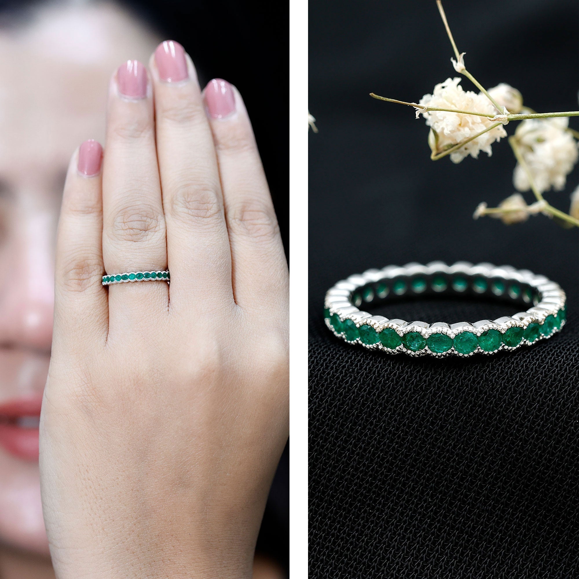 Emerald Eternity Ring – Beaded Bezel Set Full Eternity Band With AAA Quality Emeralds