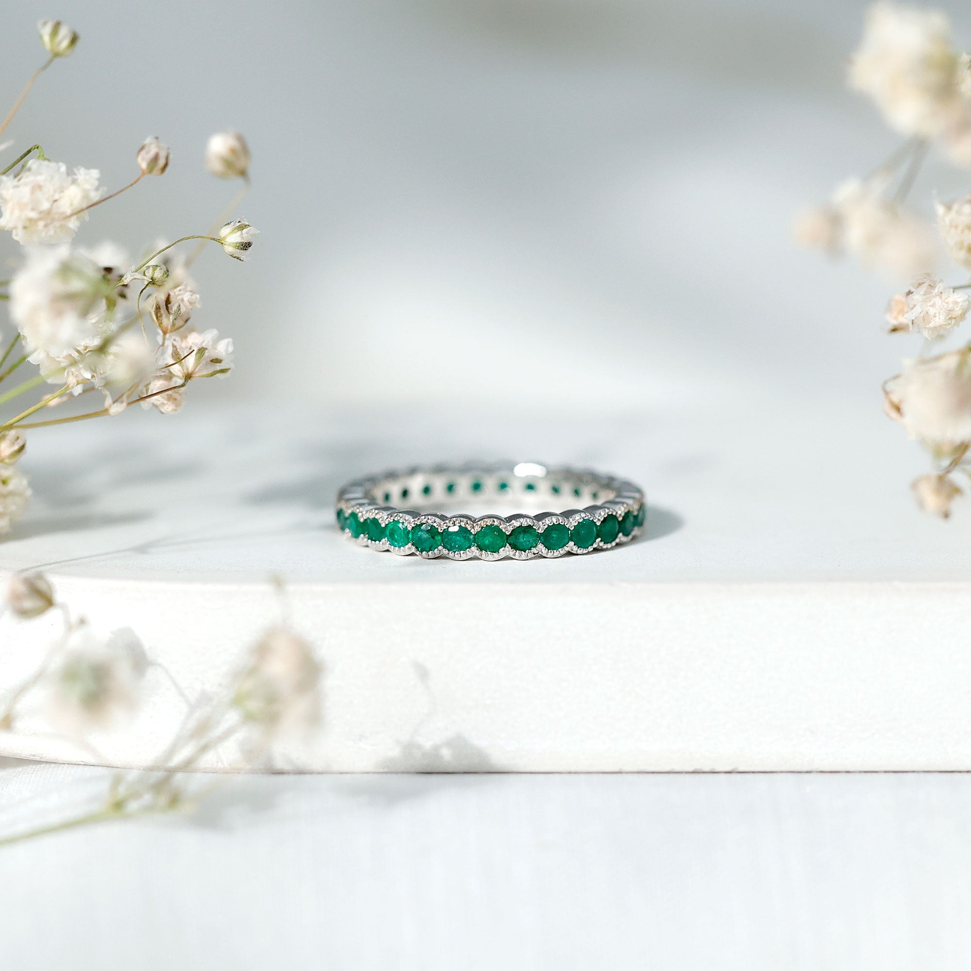Emerald Eternity Ring – Beaded Bezel Set Full Eternity Band With AAA Quality Emeralds