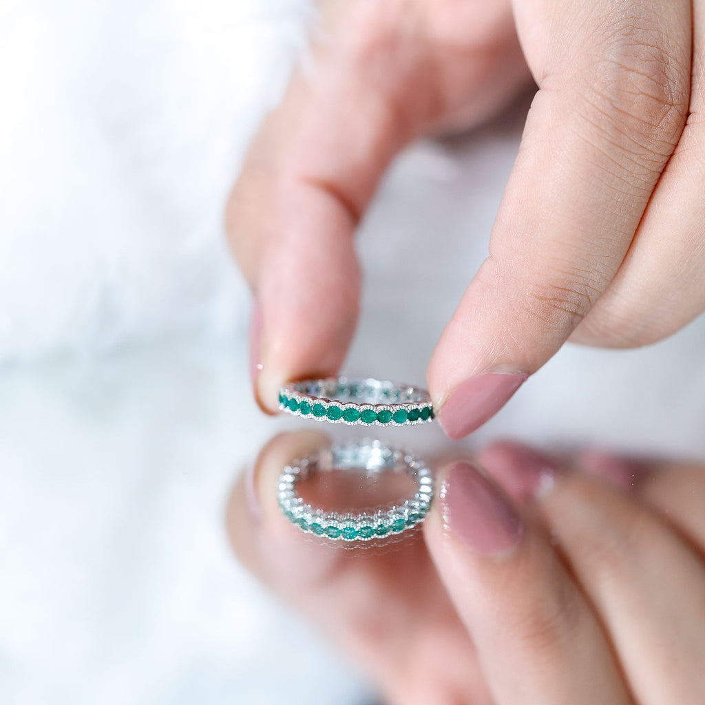 Emerald Eternity Ring – Beaded Bezel Set Full Eternity Band With AAA Quality Emeralds
