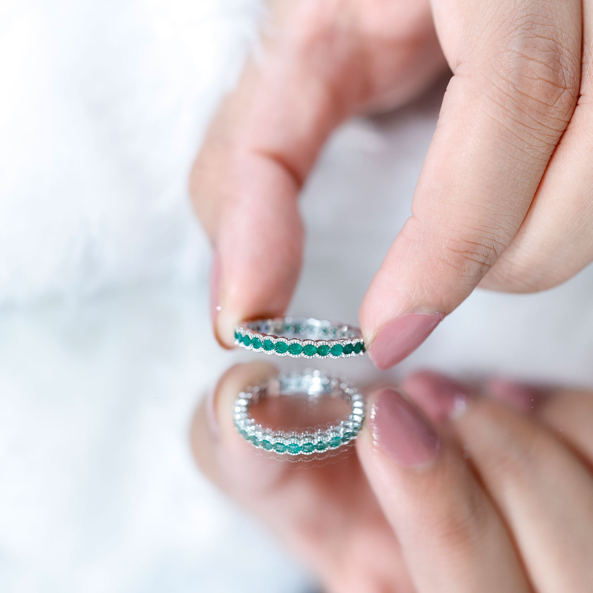 Emerald Eternity Ring – Beaded Bezel Set Full Eternity Band With AAA Quality Emeralds