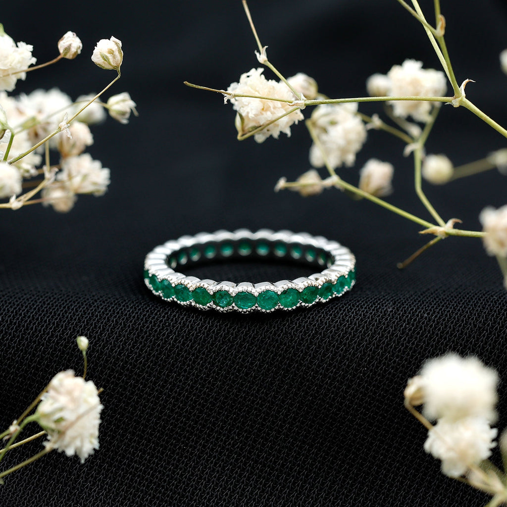 Emerald Eternity Ring – Beaded Bezel Set Full Eternity Band With AAA Quality Emeralds