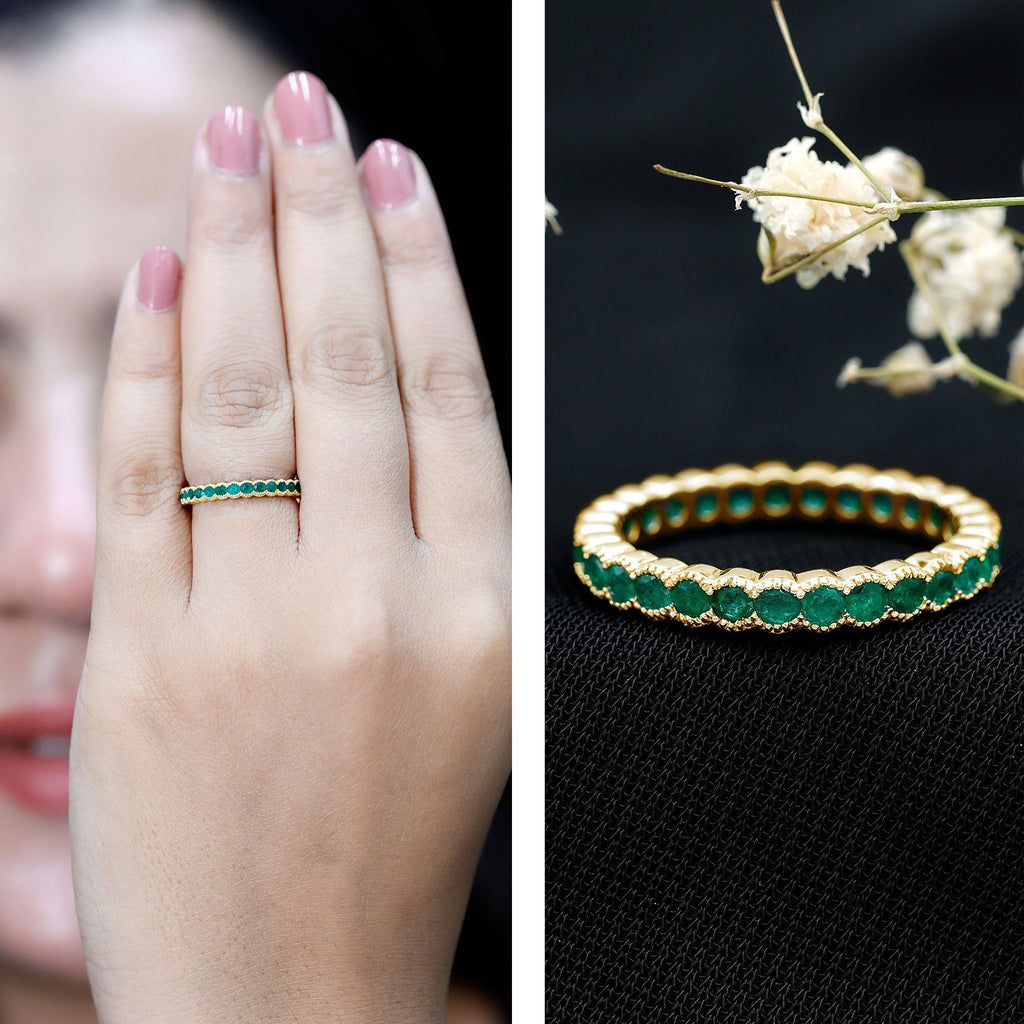 Emerald Eternity Ring – Beaded Bezel Set Full Eternity Band With AAA Quality Emeralds