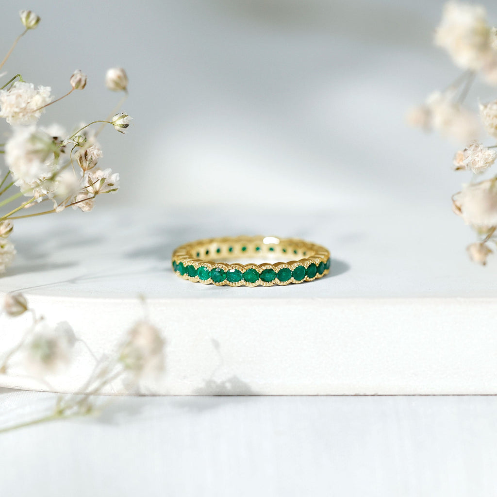 Emerald Eternity Ring – Beaded Bezel Set Full Eternity Band With AAA Quality Emeralds