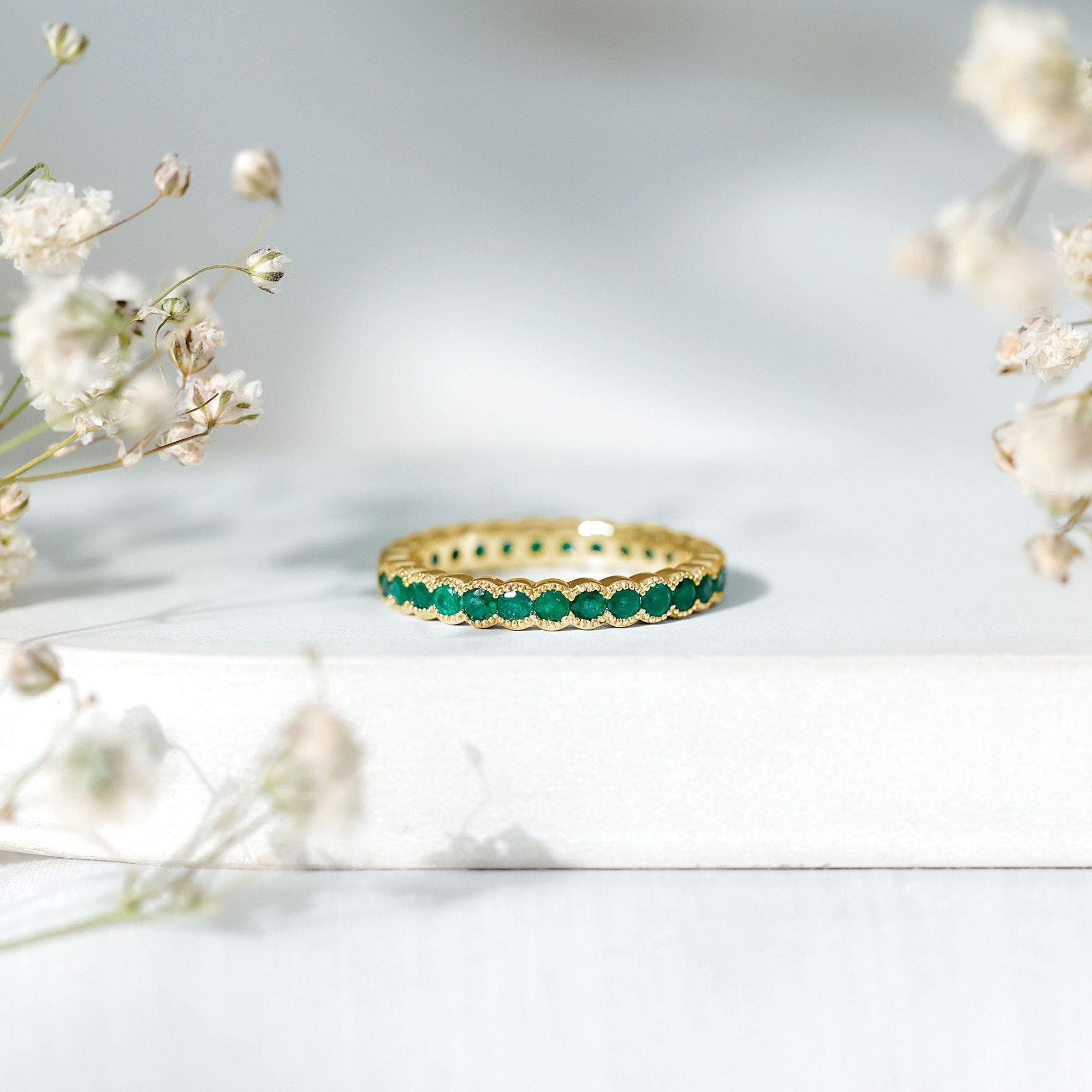 Emerald Eternity Ring – Beaded Bezel Set Full Eternity Band With AAA Quality Emeralds