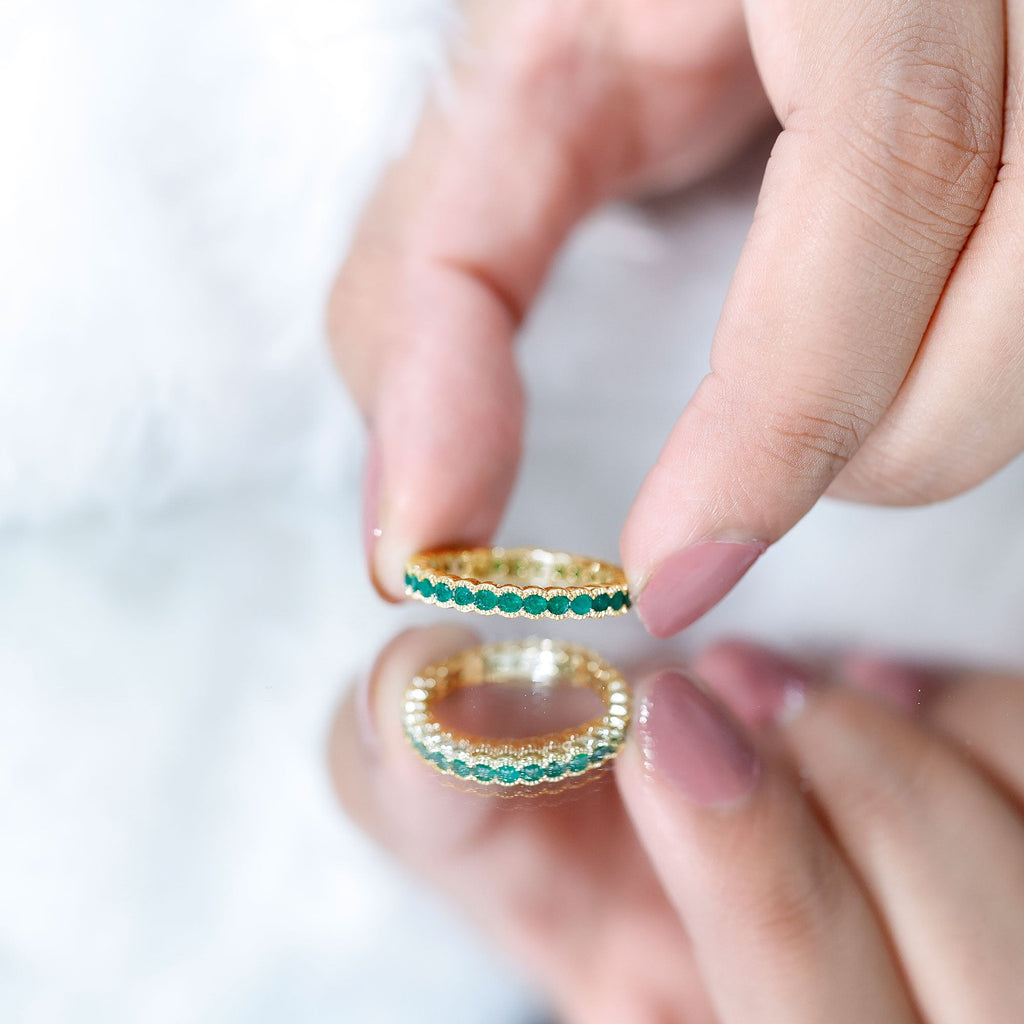 Emerald Eternity Ring – Beaded Bezel Set Full Eternity Band With AAA Quality Emeralds