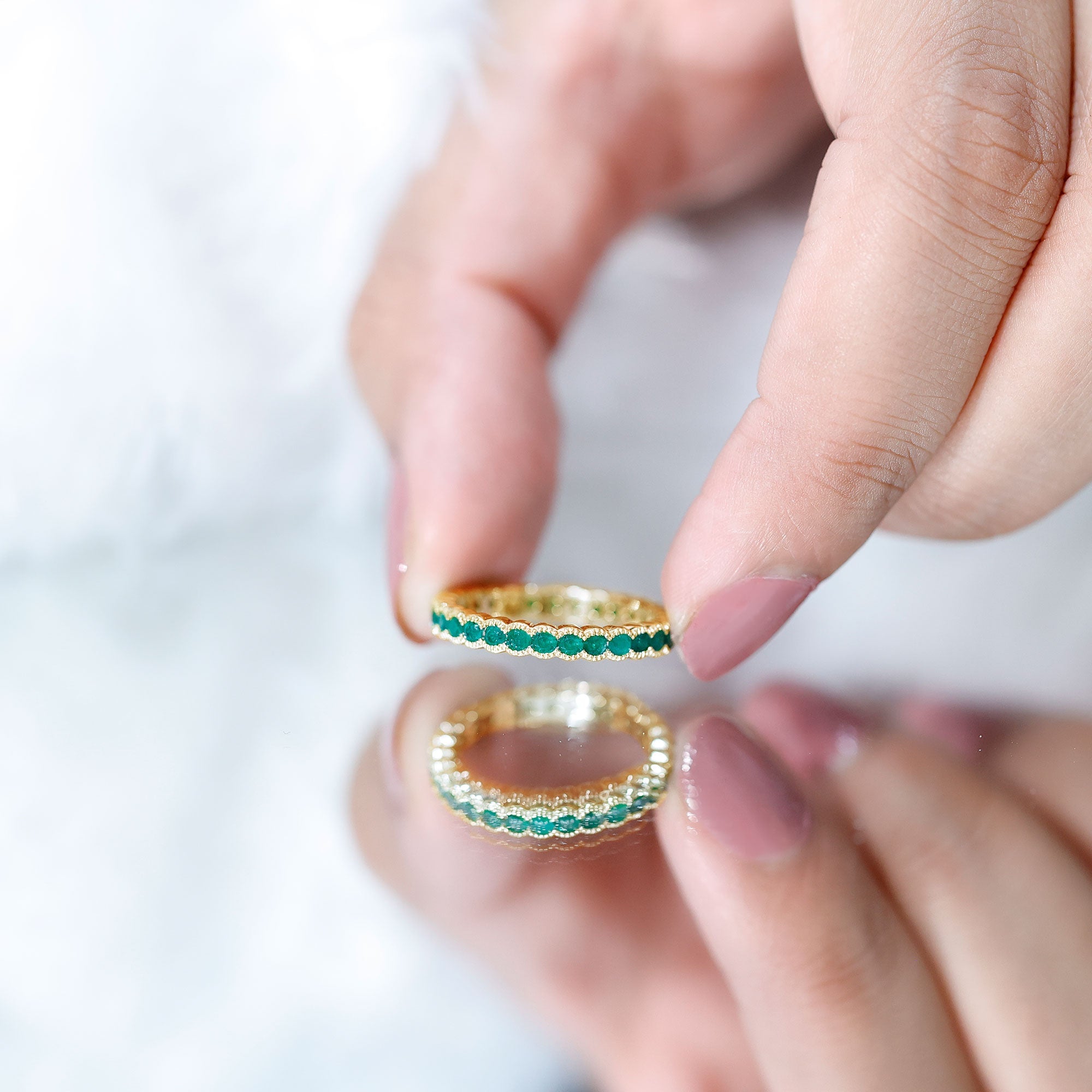 Emerald Eternity Ring – Beaded Bezel Set Full Eternity Band With AAA Quality Emeralds