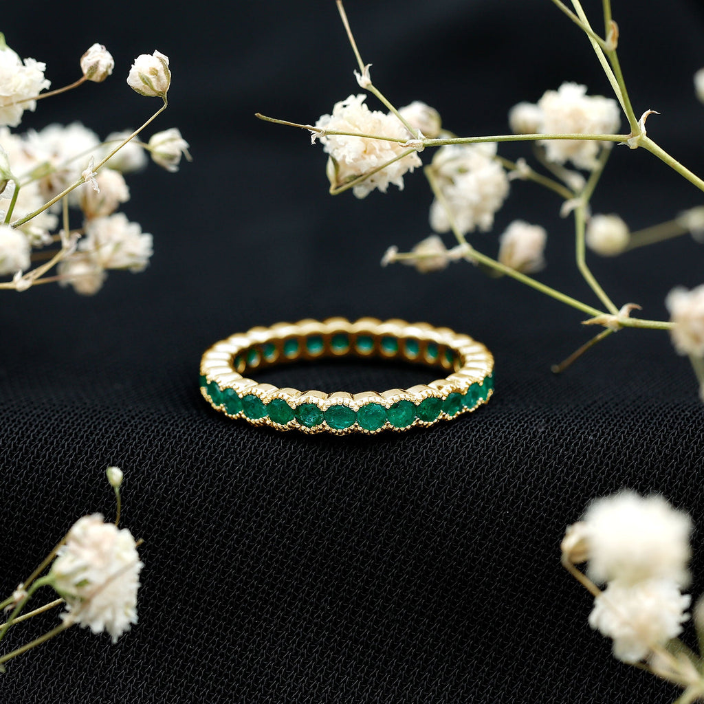 Emerald Eternity Ring – Beaded Bezel Set Full Eternity Band With AAA Quality Emeralds
