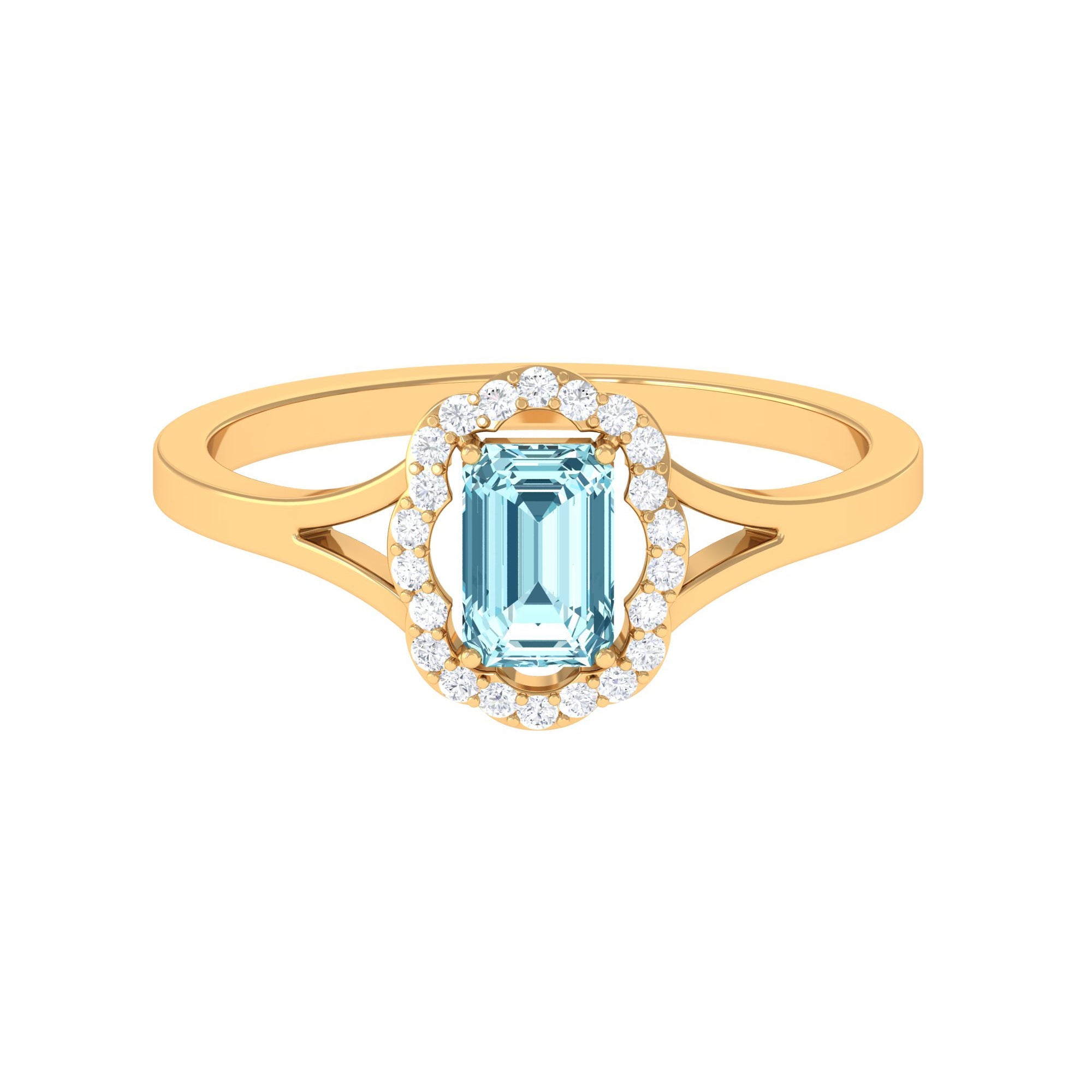 Aquamarine Engagement Ring – Emerald Cut Blue Aquamarine with Diamond Floral Halo