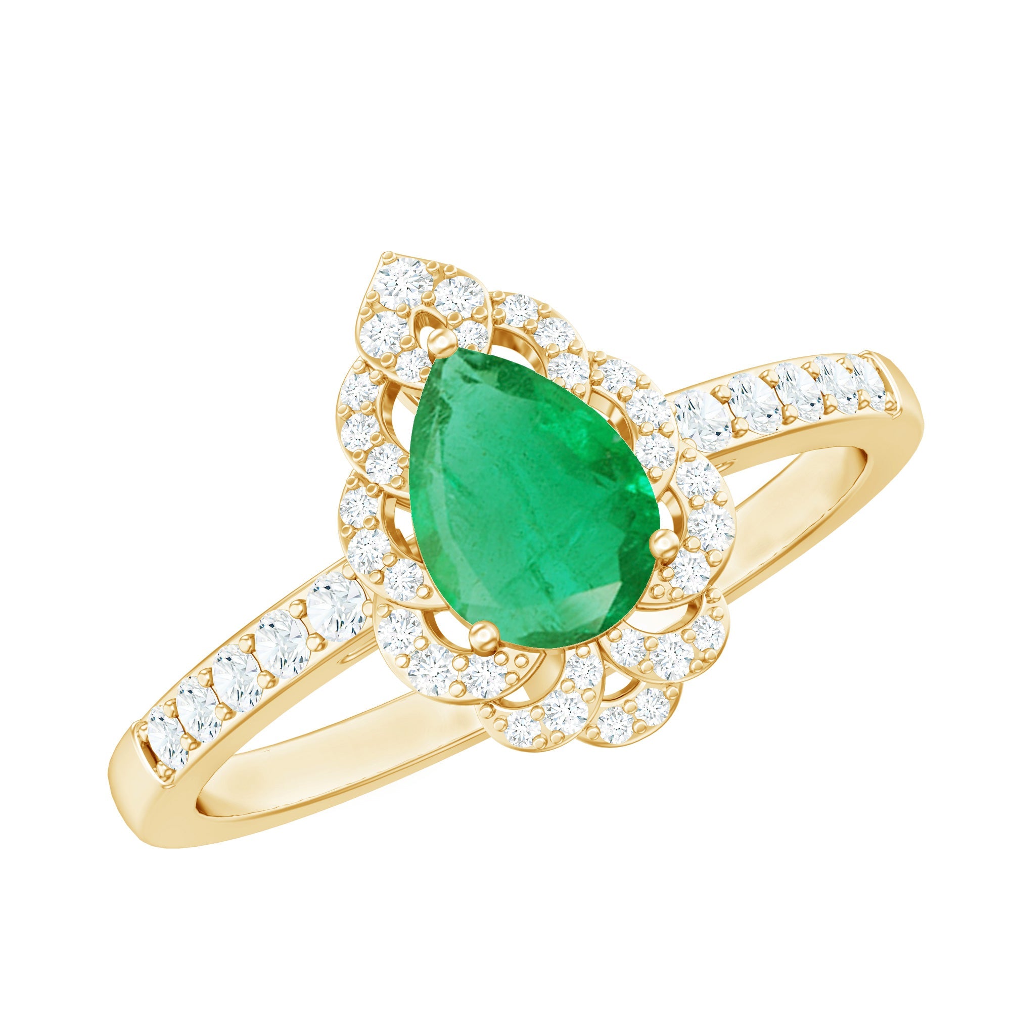 Emerald Engagement Ring – Pear Shaped Ring with Diamond Halo and Leaf Pattern