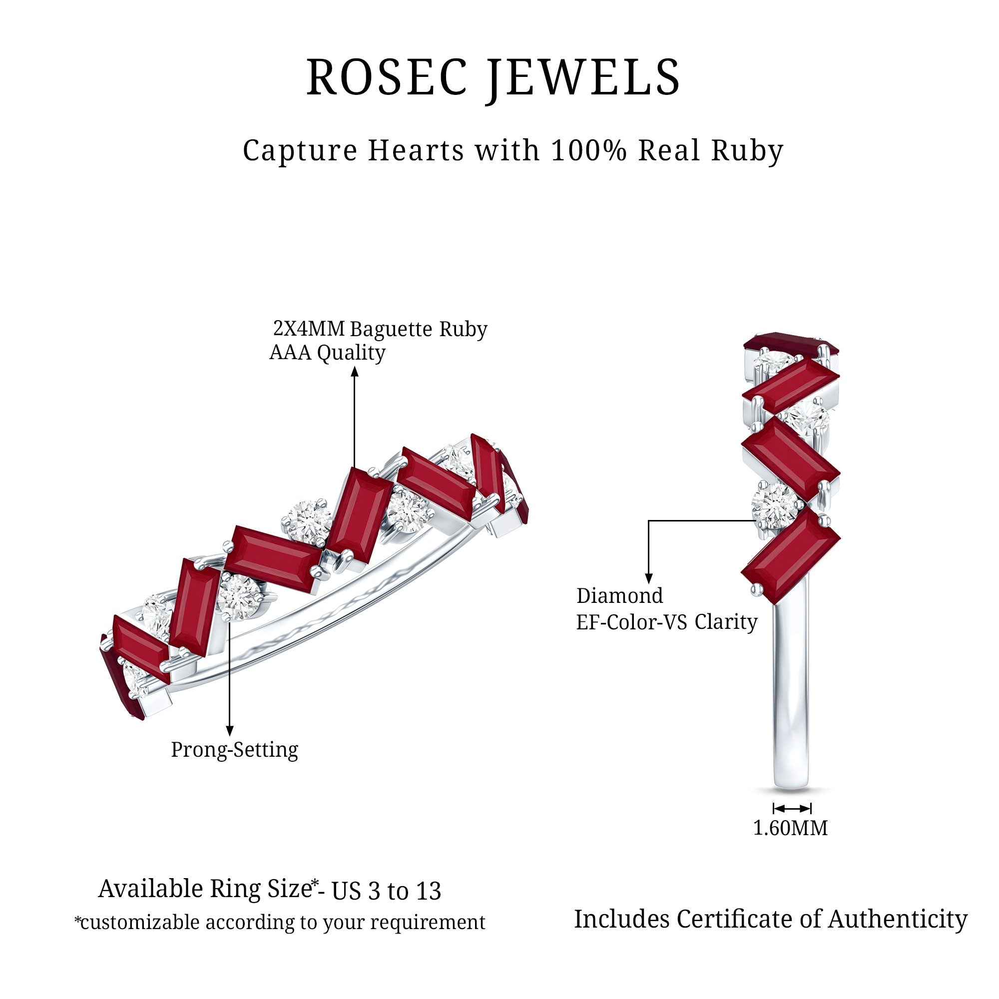 Ruby Eternity Ring – Half Eternity Band with Lab Grown Diamond & Baguette Ruby Stones