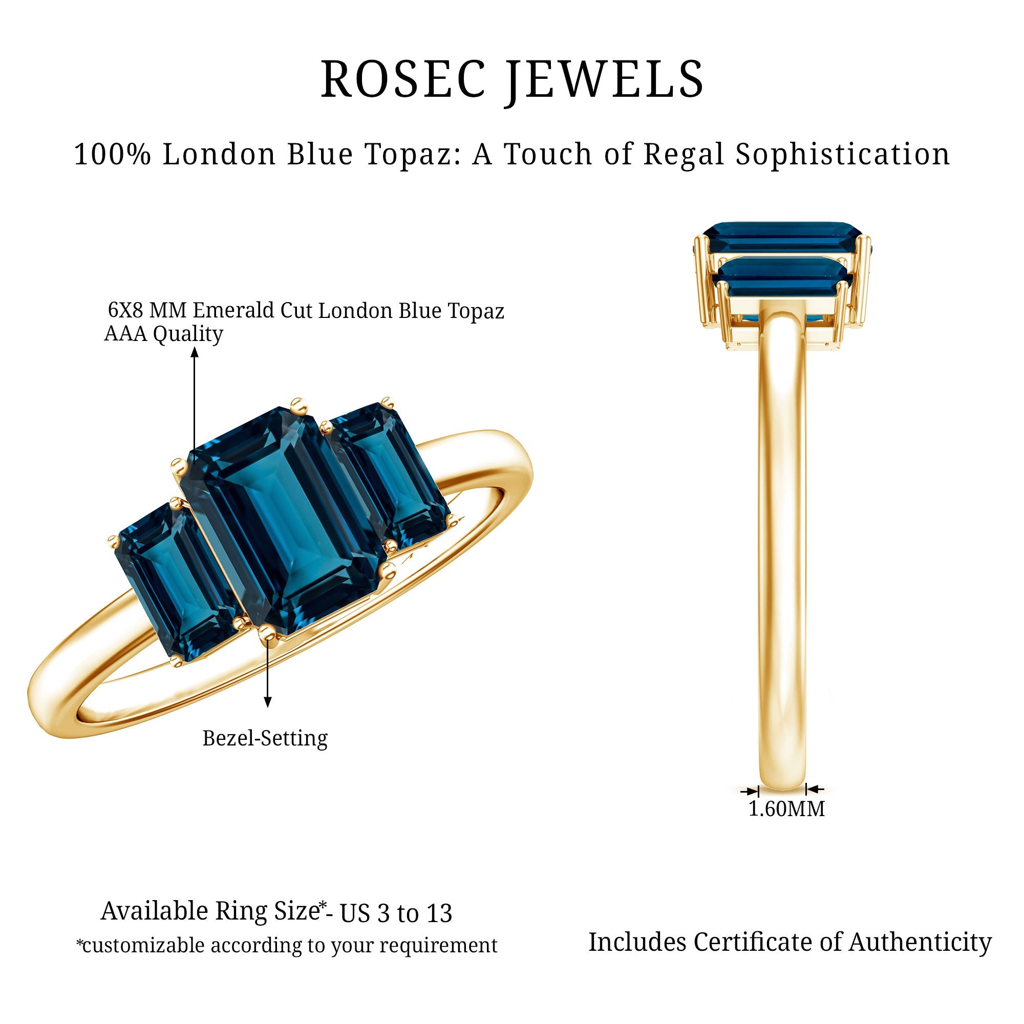 Emerald Cut London Blue Topaz Three Stone Engagement Ring