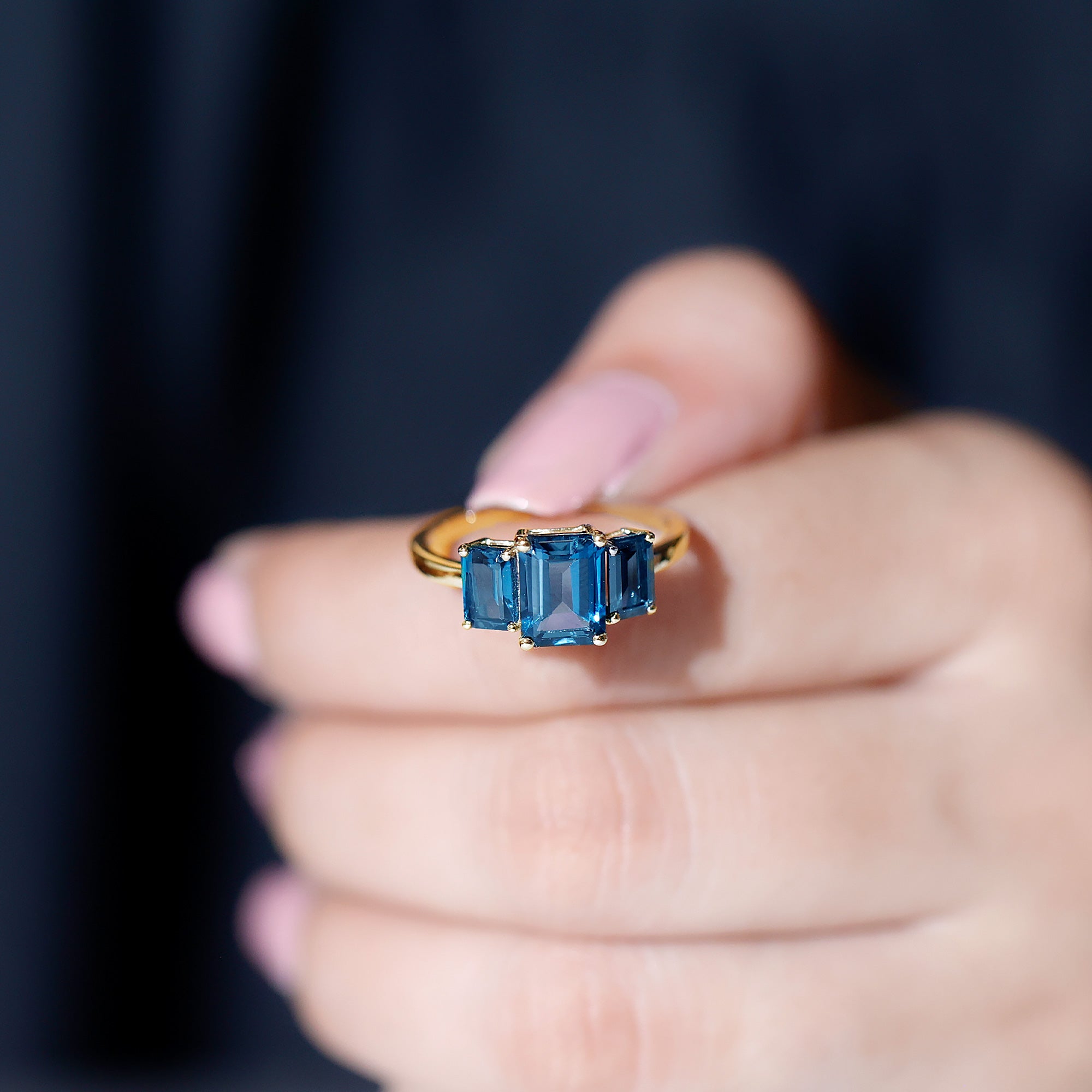 Emerald Cut London Blue Topaz Three Stone Engagement Ring