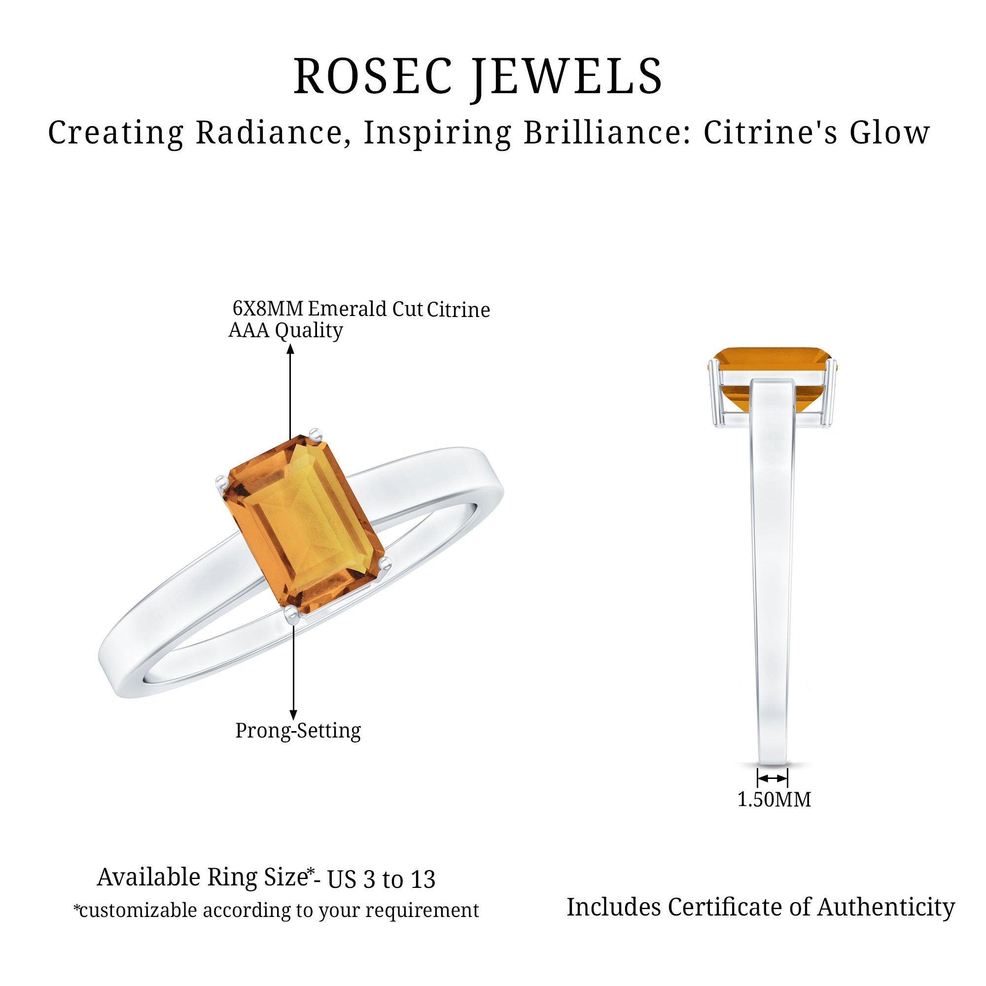 Citrine Engagement Ring - 1.8 Carat Emerald Cut Solitaire Prong Setting Classic Design