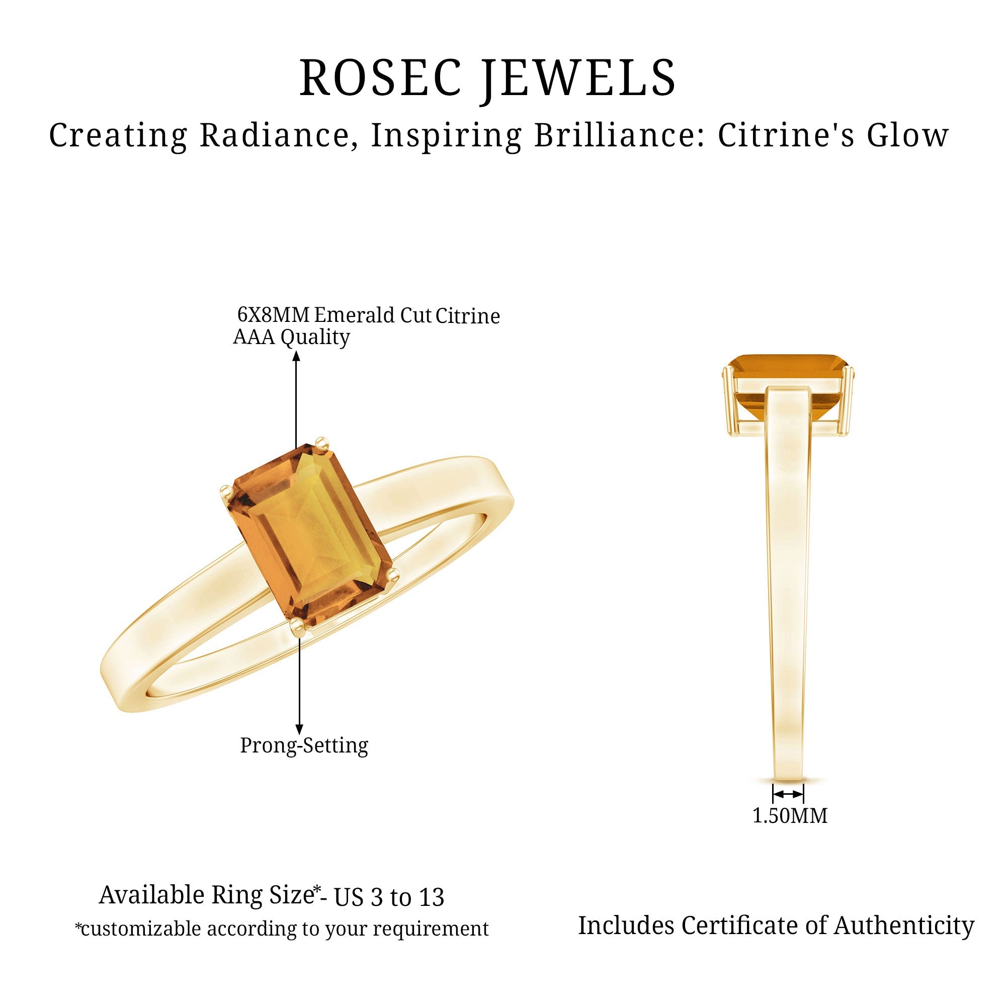 Citrine Engagement Ring - 1.8 Carat Emerald Cut Solitaire Prong Setting Classic Design