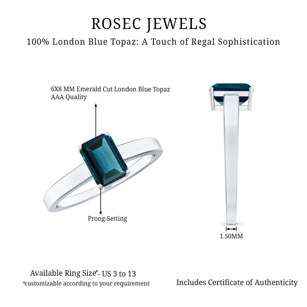 London Blue Topaz Ring – 2.2 Carat Emerald Cut Solitaire Engagement Band