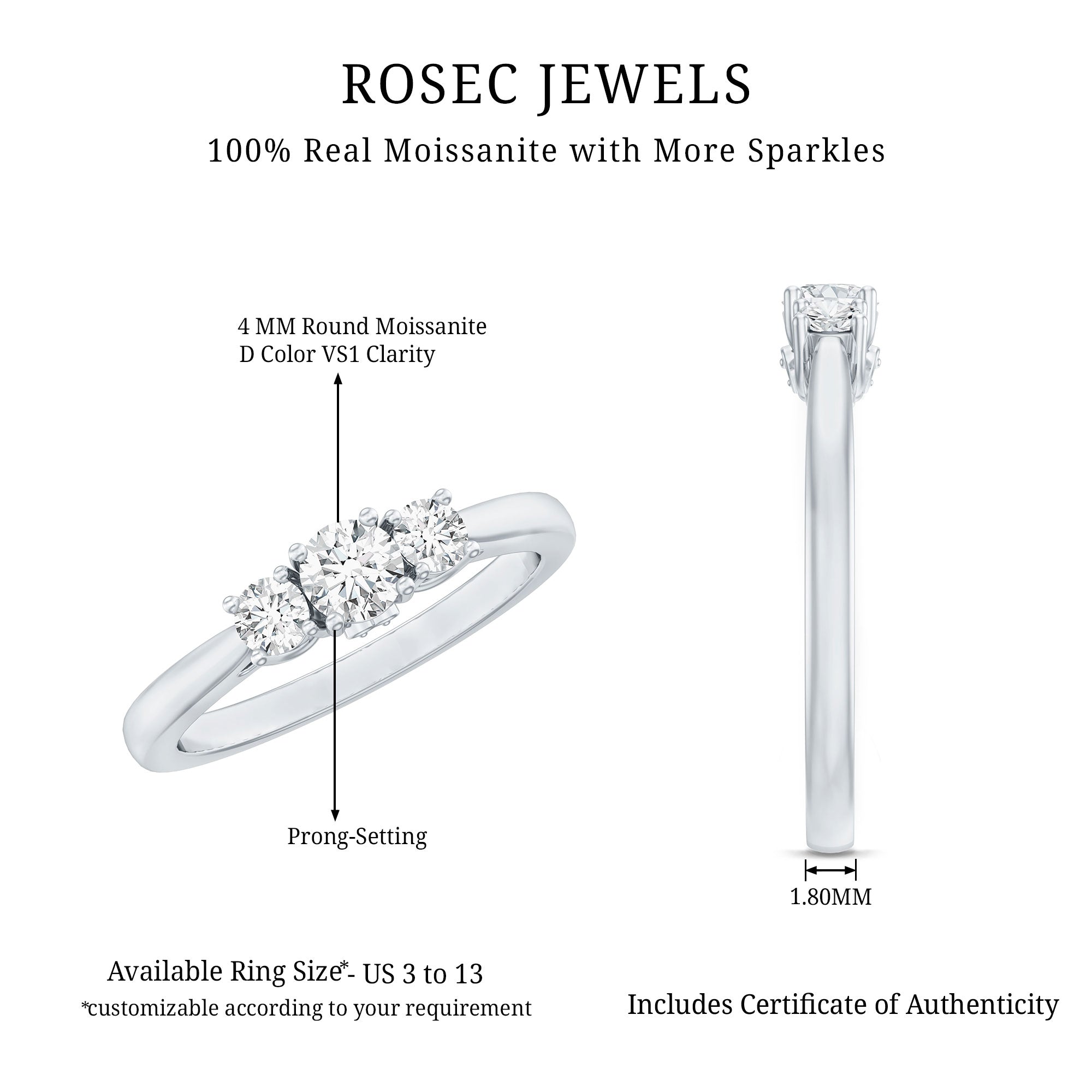 Moissanite Promise Ring – Brilliant Cut Three Stone Ring for Women | Prong Setting