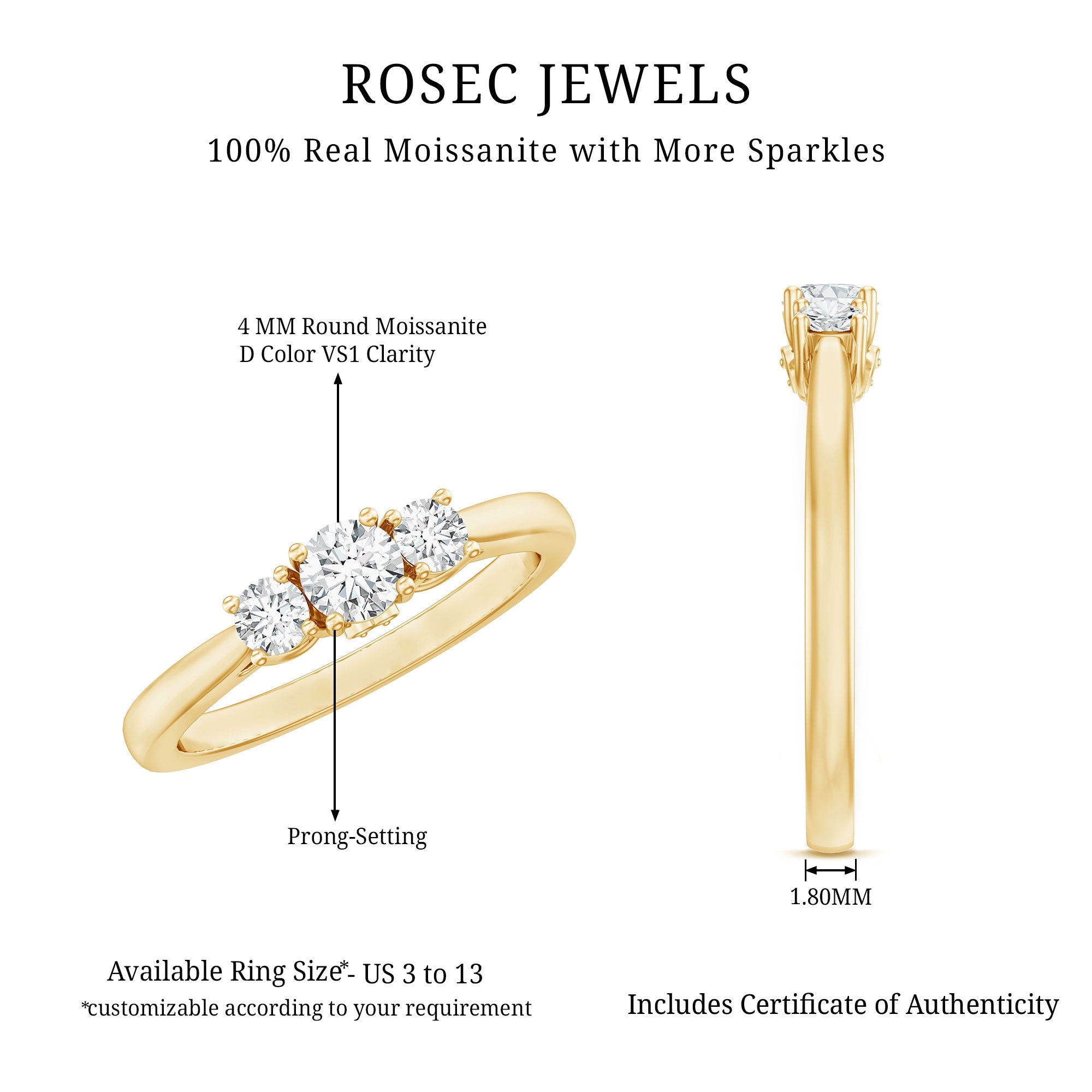 Moissanite Promise Ring – Brilliant Cut Three Stone Ring for Women | Prong Setting