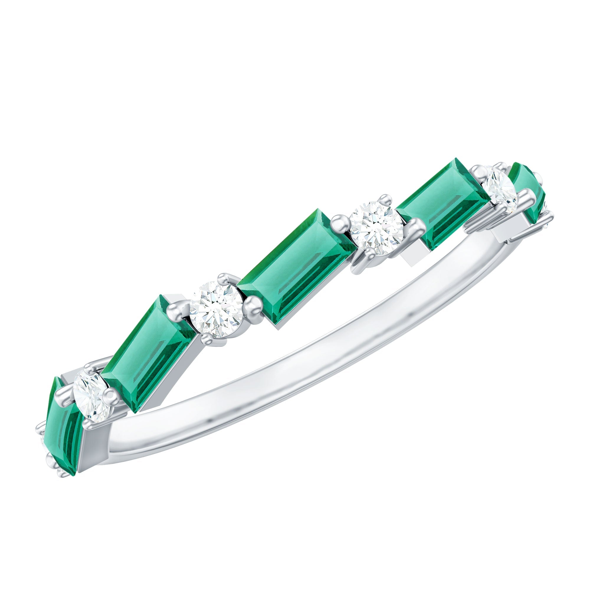 Lab Grown Emerald Ring – Half Eternity Band with Baguette Cut Gemstones & Diamond Accents