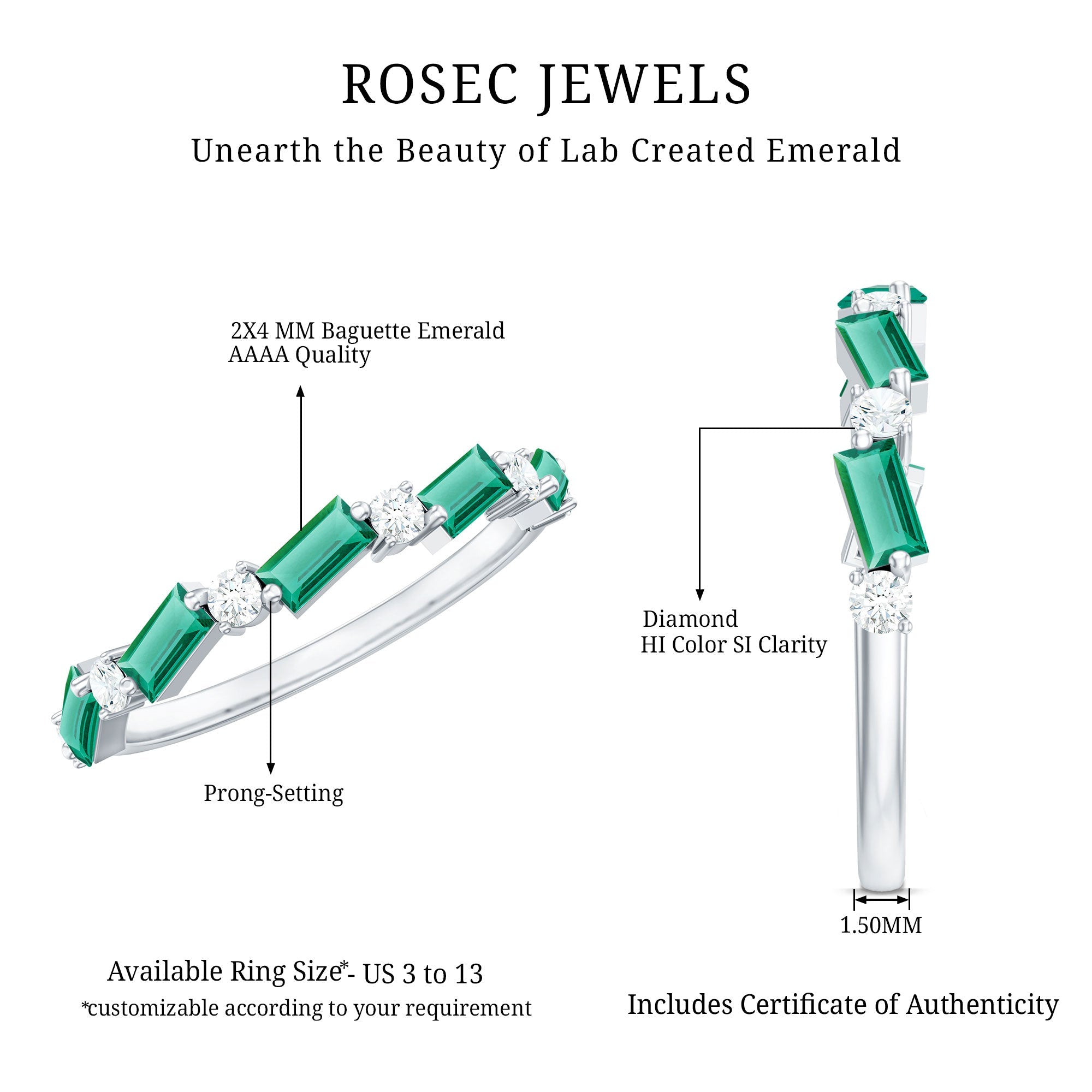 Lab Grown Emerald Ring – Half Eternity Band with Baguette Cut Gemstones & Diamond Accents