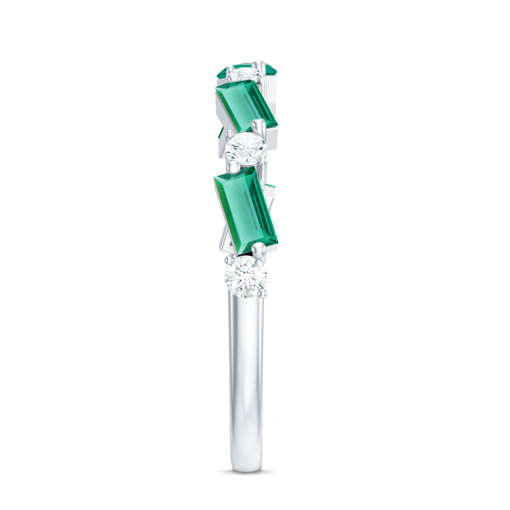 Lab Grown Emerald Ring – Half Eternity Band with Baguette Cut Gemstones & Diamond Accents