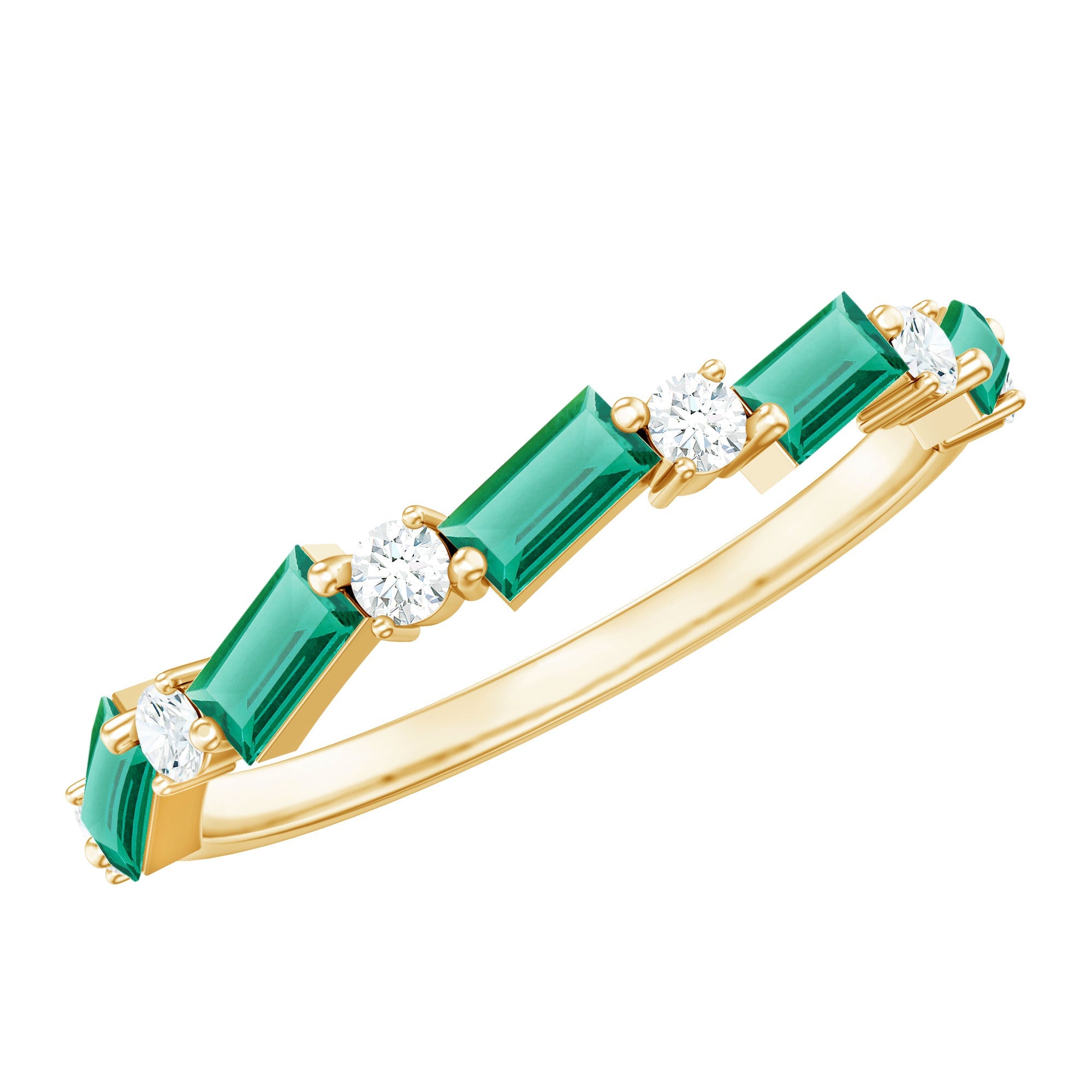Lab Grown Emerald Ring – Half Eternity Band with Baguette Cut Gemstones & Diamond Accents